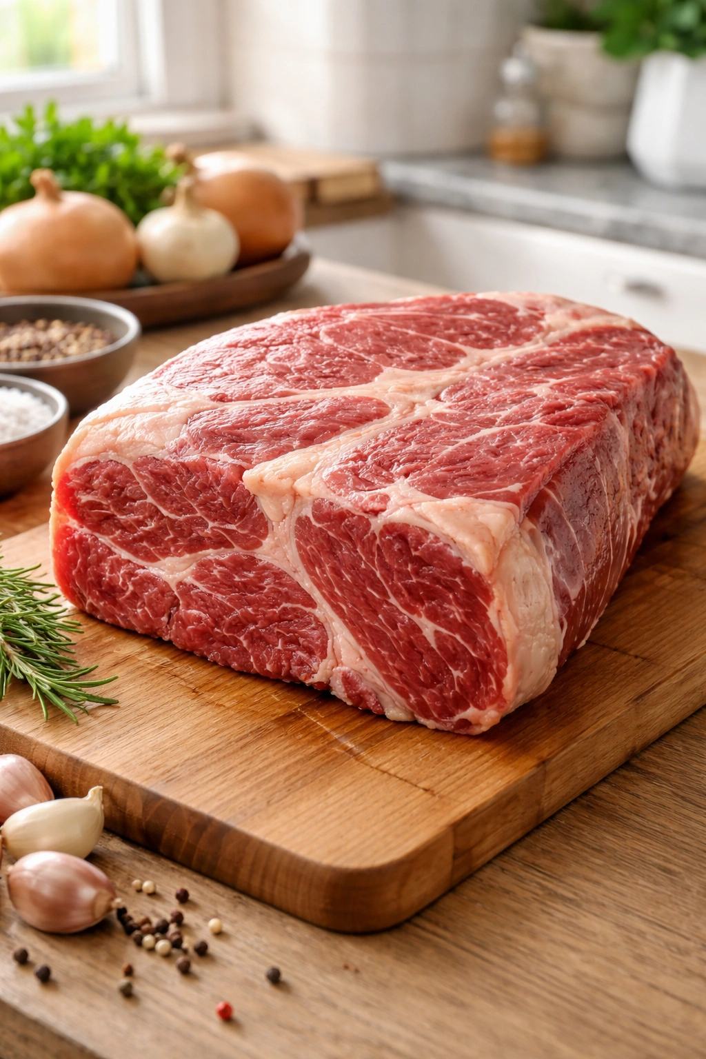 Chuck roast with visible marbling on a wooden cutting board
