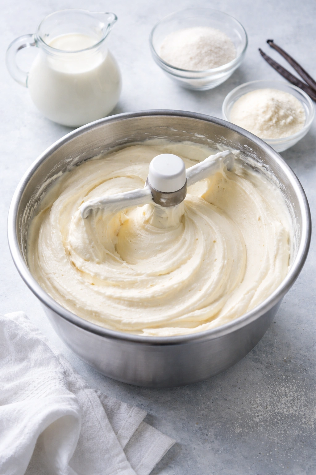 Creamy churned ice cream base in a chilled mixing bowl