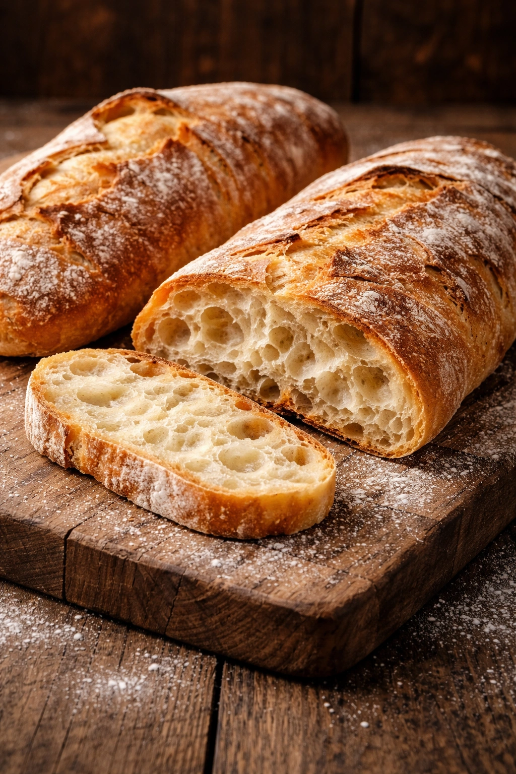 Ciabatta loaves with large holes on a flour-dusted board