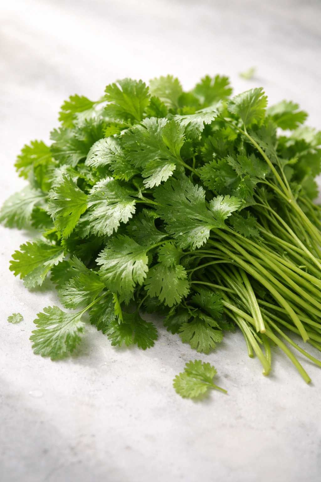 Fresh cilantro leaves loosely gathered on a light surface