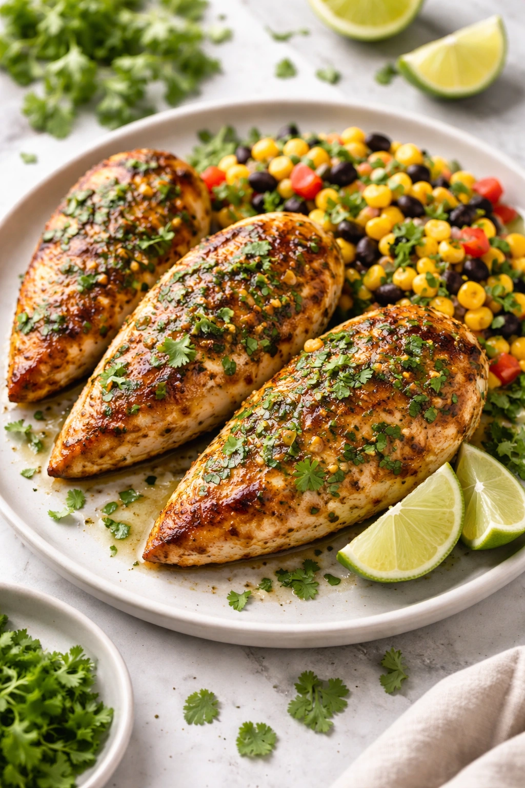 Cilantro lime chicken breast on plate with lime wedge