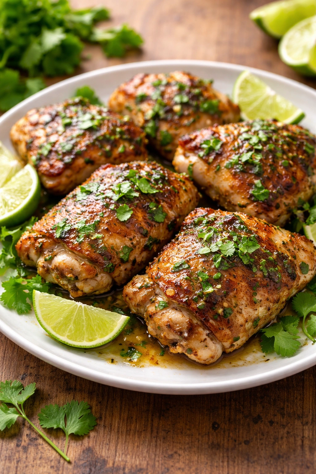Golden cilantro lime chicken thighs with green marinade and cilantro garnish