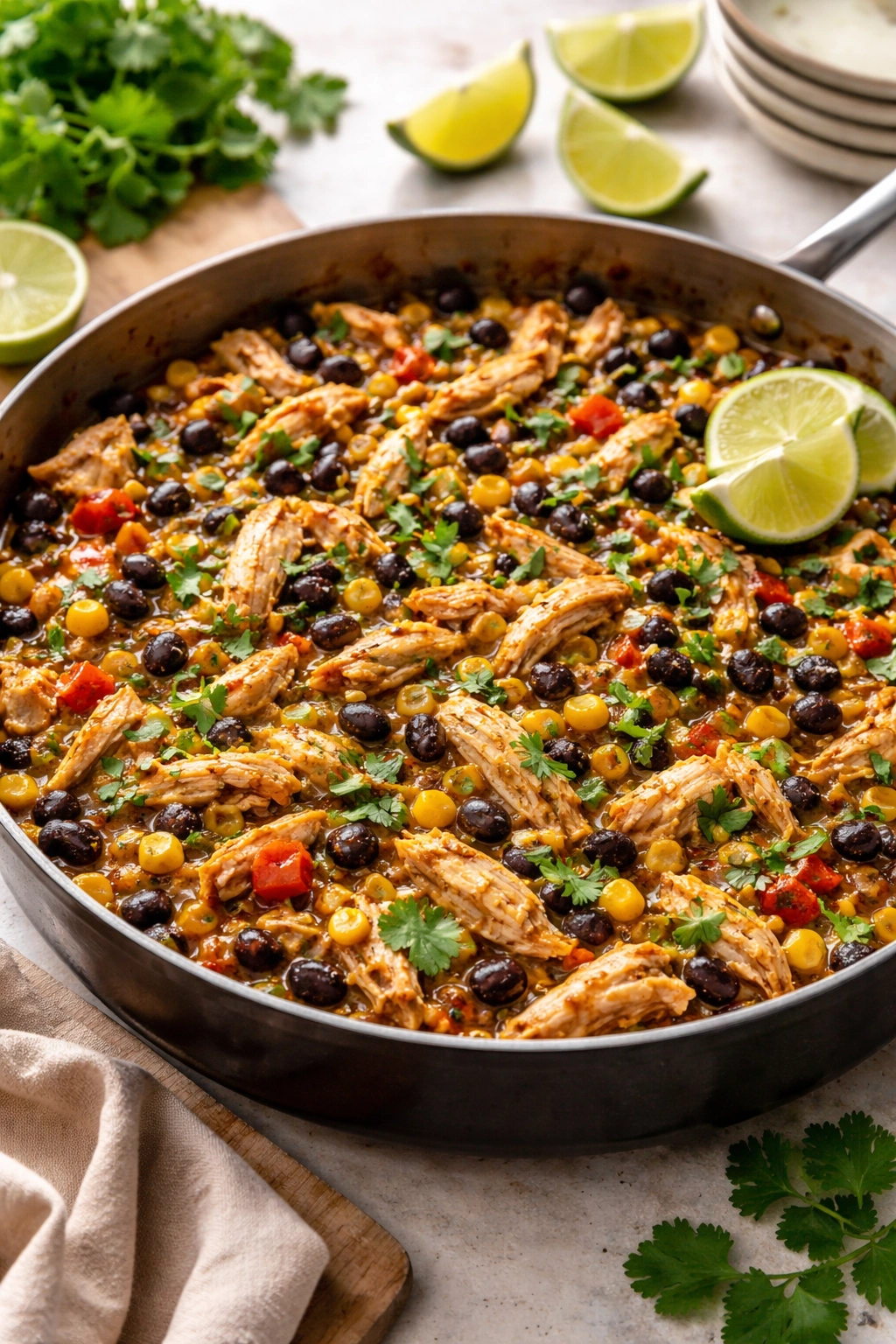 Cilantro lime chicken with black beans and corn in a skillet