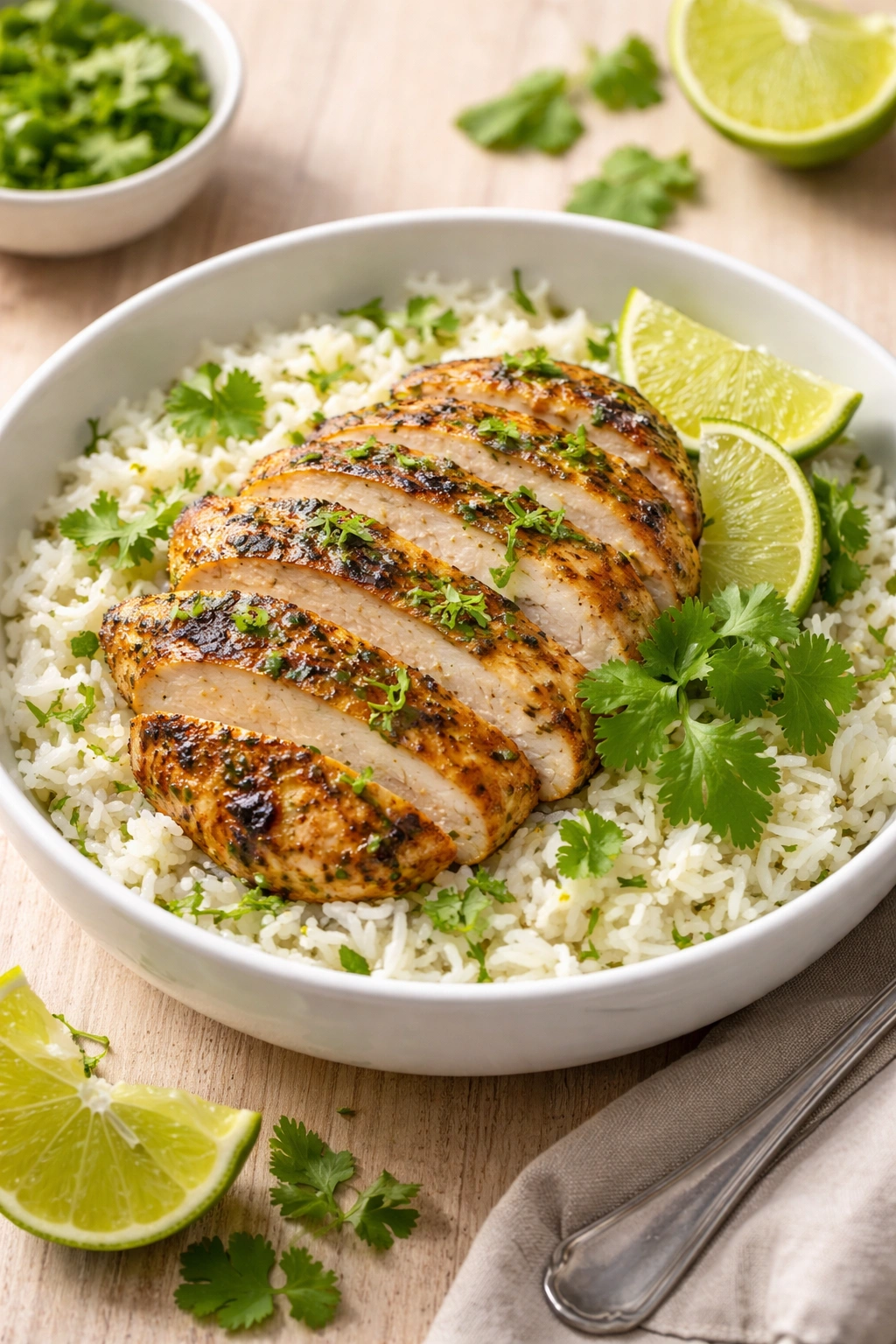 Juicy cilantro-lime chicken over rice in a bowl with fresh herbs