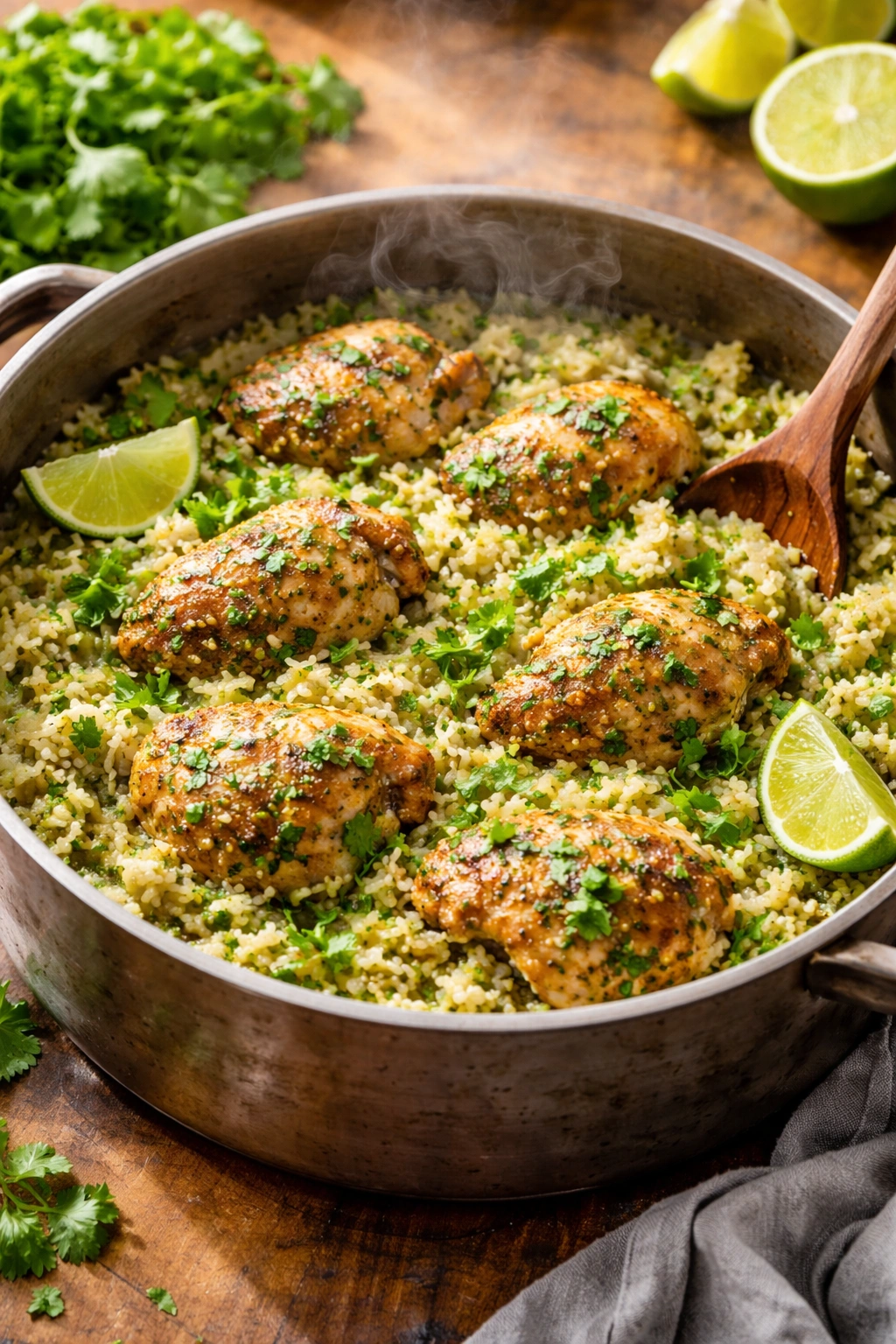 Close-up of cilantro lime chicken with rice in a rustic pot, steam rising.