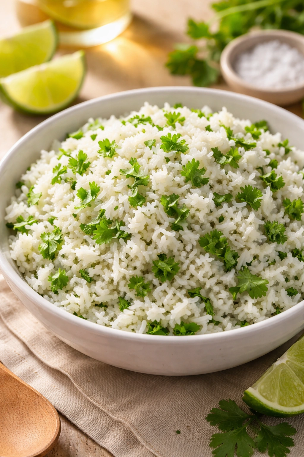 Fluffy cilantro lime rice in a white bowl with green cilantro