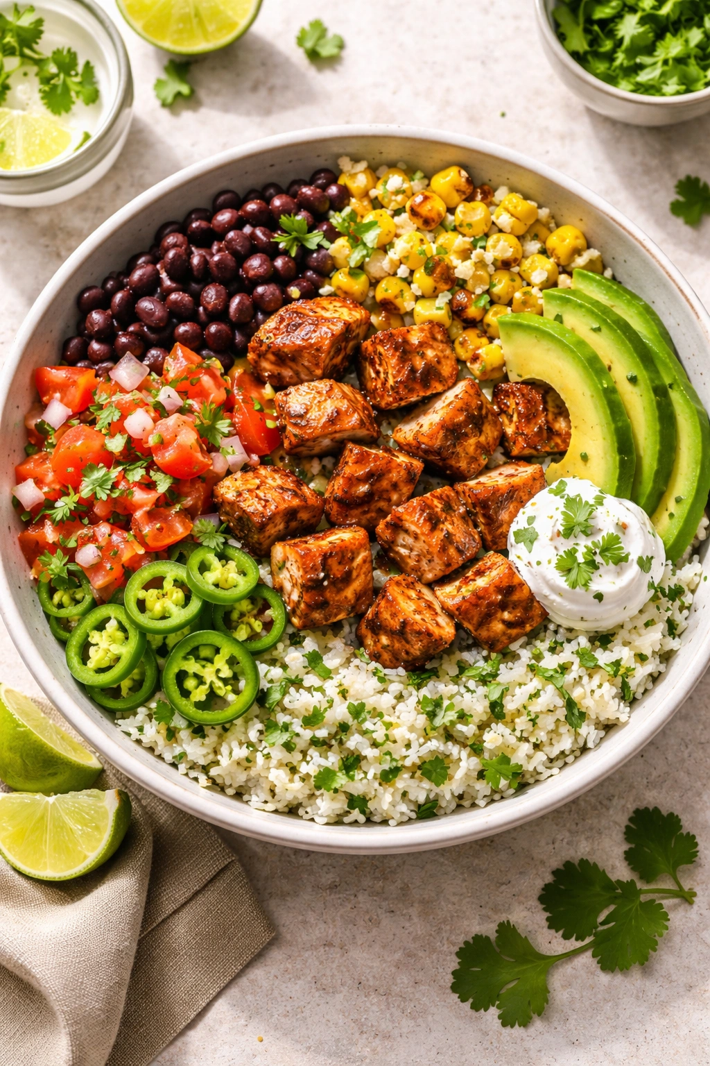Chipotle chicken bowl with cilantro-lime rice and toppings