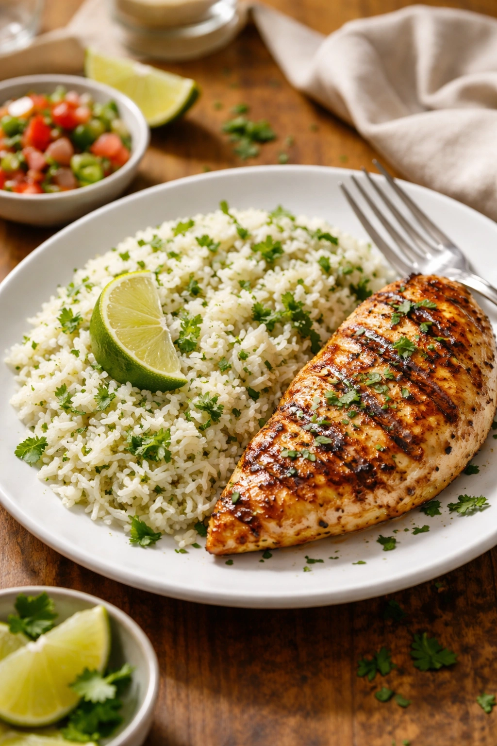 Plate of cilantro lime rice with grilled chicken, suggesting serving pairings