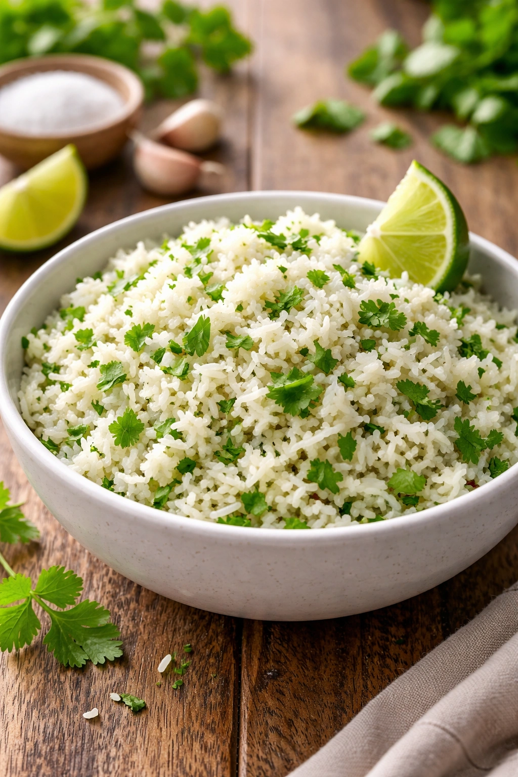 Close-up of fluffy cilantro lime rice with cilantro and lime