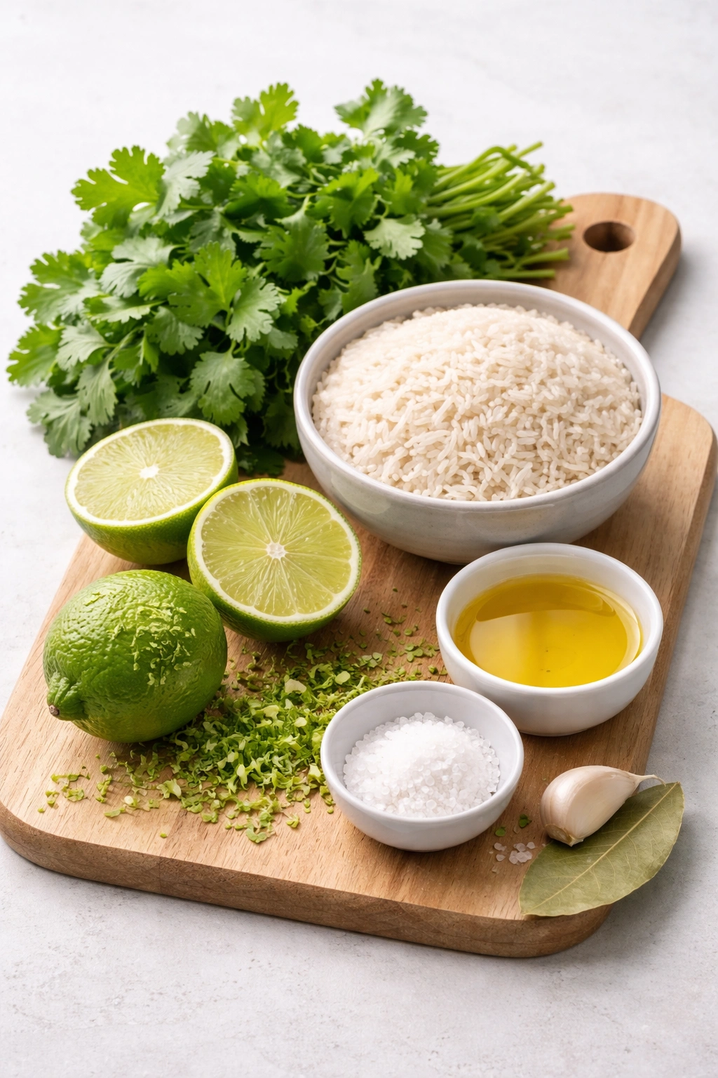 Cilantro, lime, oil, salt and rice arranged on board