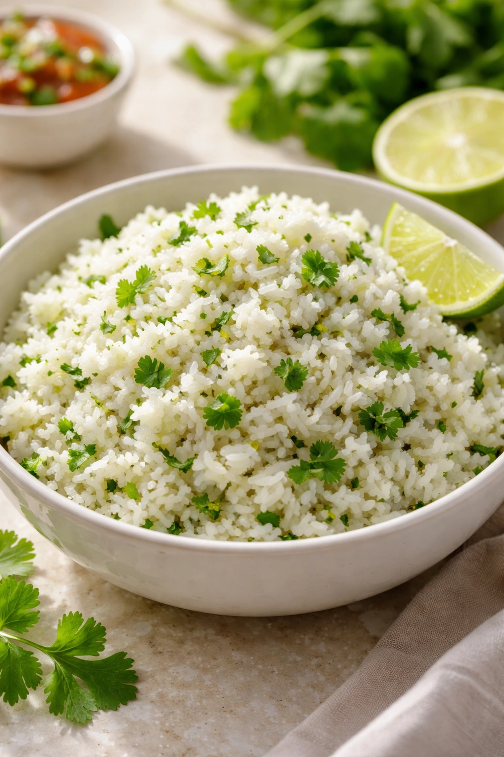 Close-up of fluffy cilantro lime rice in a white bowl with green cilantro