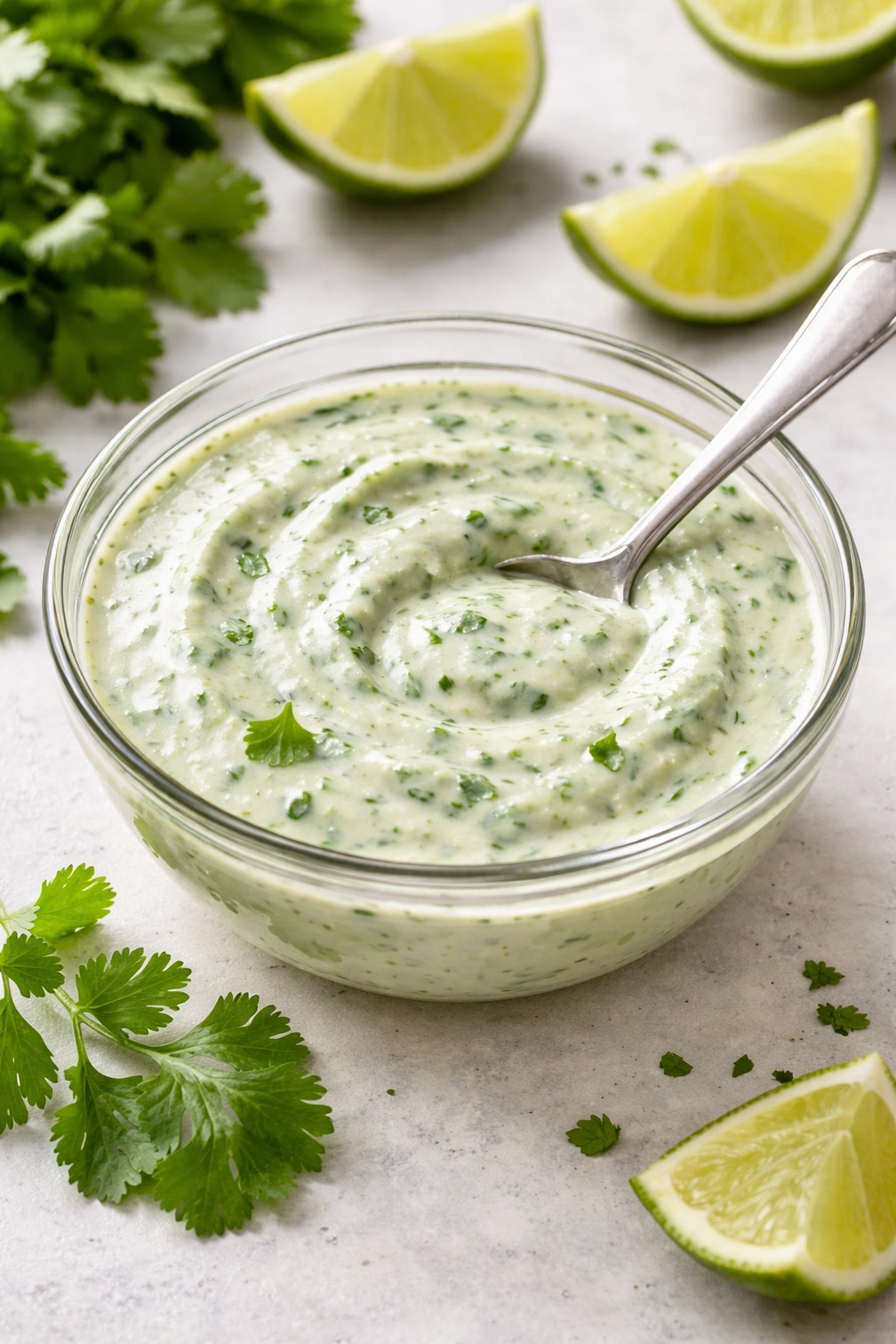 Creamy cilantro lime sauce in a bowl with cilantro flecks