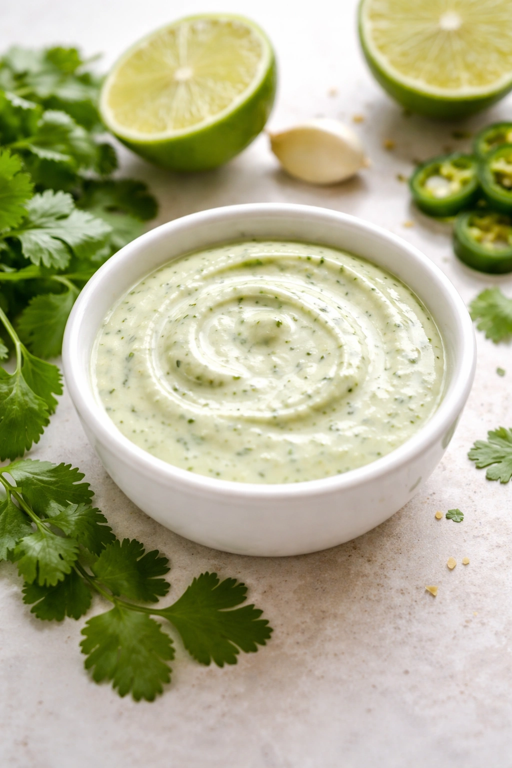 Creamy cilantro lime sauce in a bowl with cilantro garnish