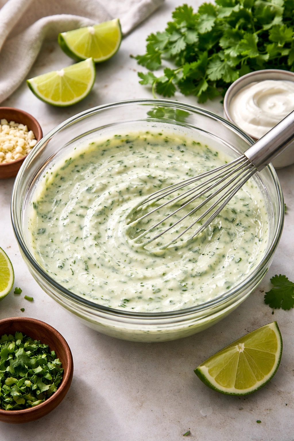 Creamy cilantro lime sauce being prepared in a bowl