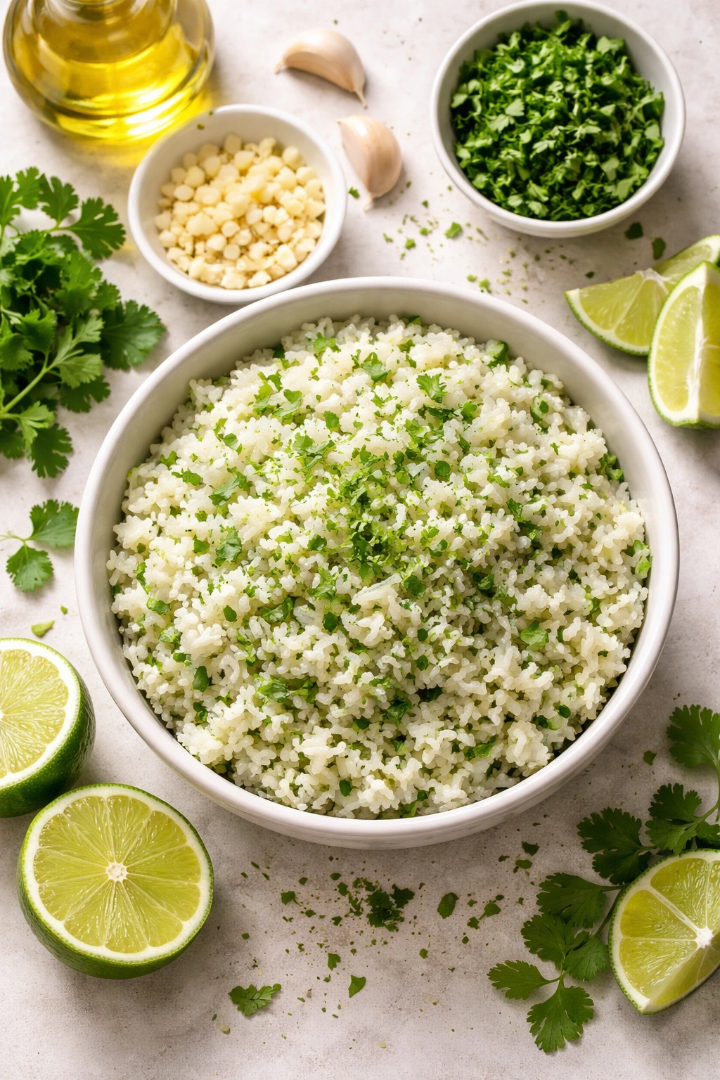 Bowl of cilantro lime rice with cilantro and lime zest.