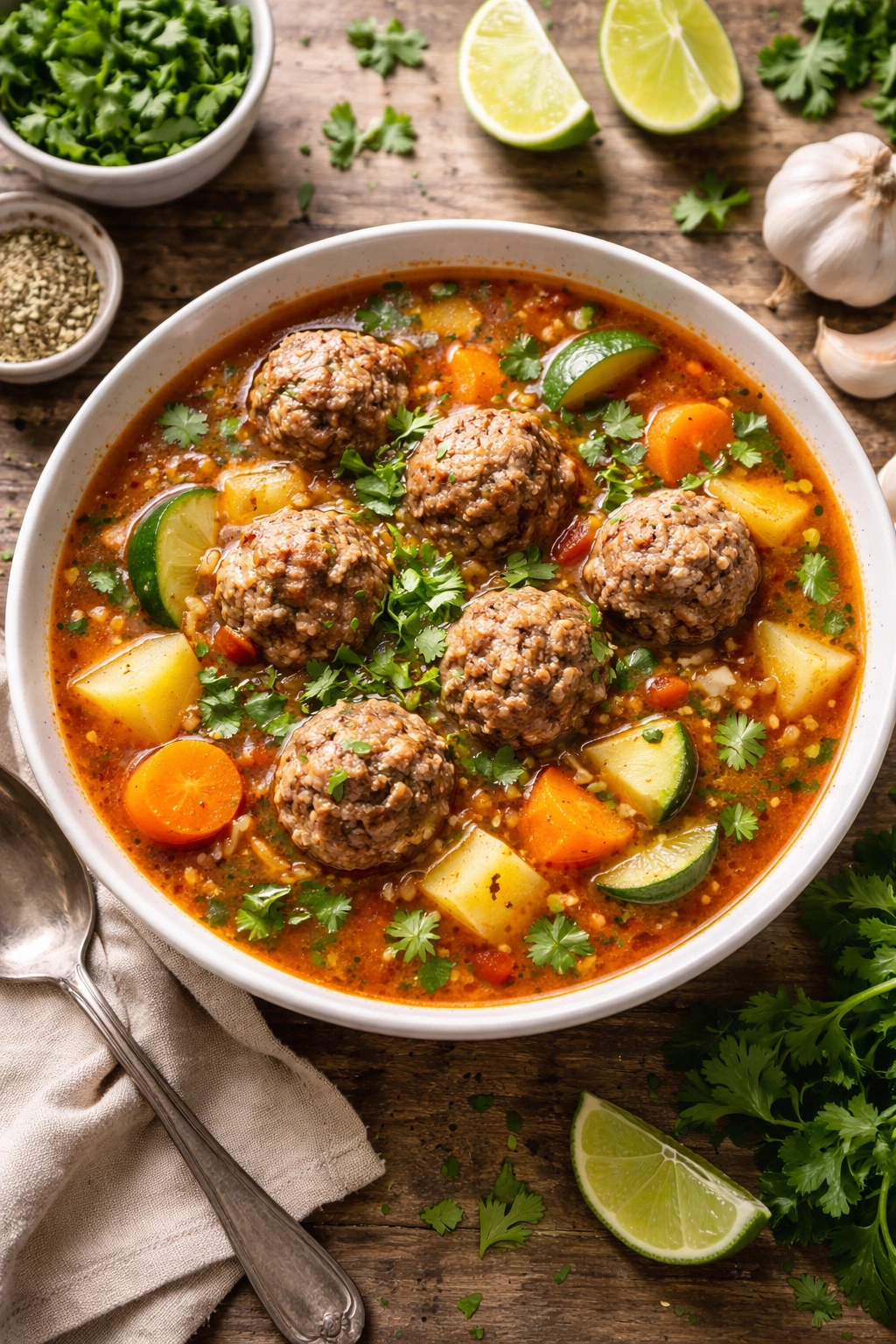 Steaming bowl of albondigas soup with cilantro garnish