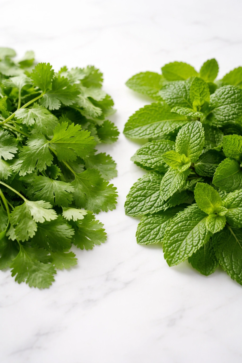 Cilantro and mint leaves arranged for substitutions in salsa.