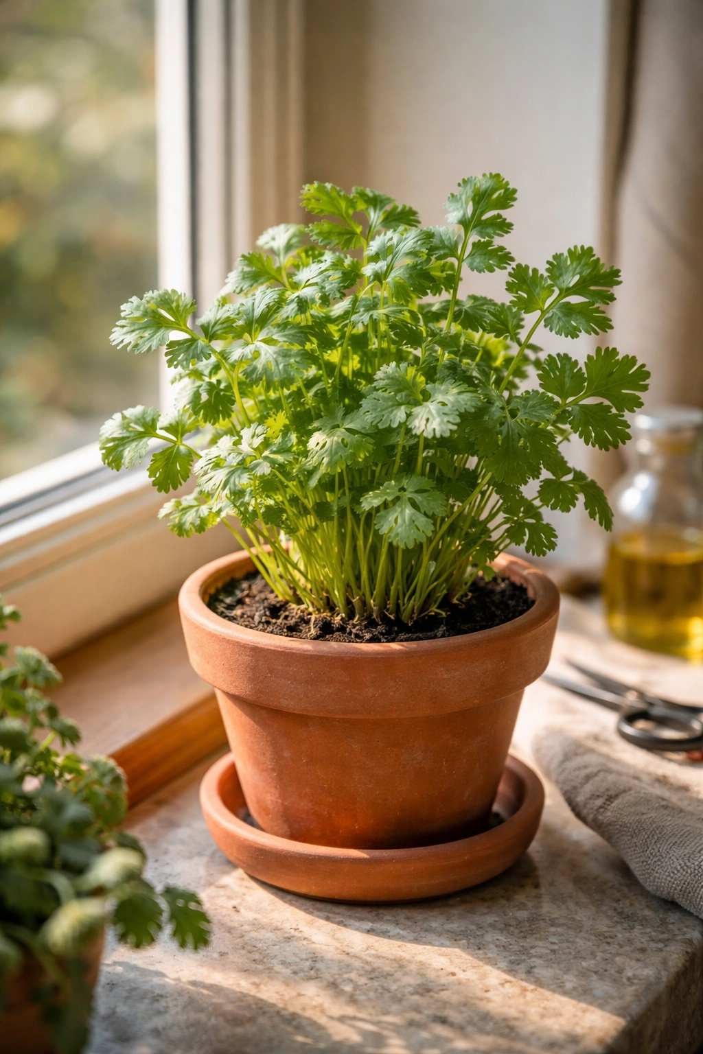 cilantro plant on a winter windowsill