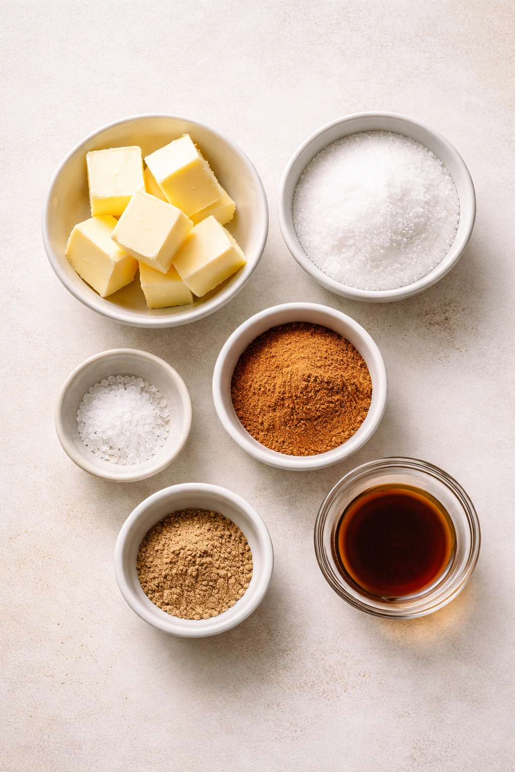 Top-down view of cinnamon butter ingredients arranged in bowls