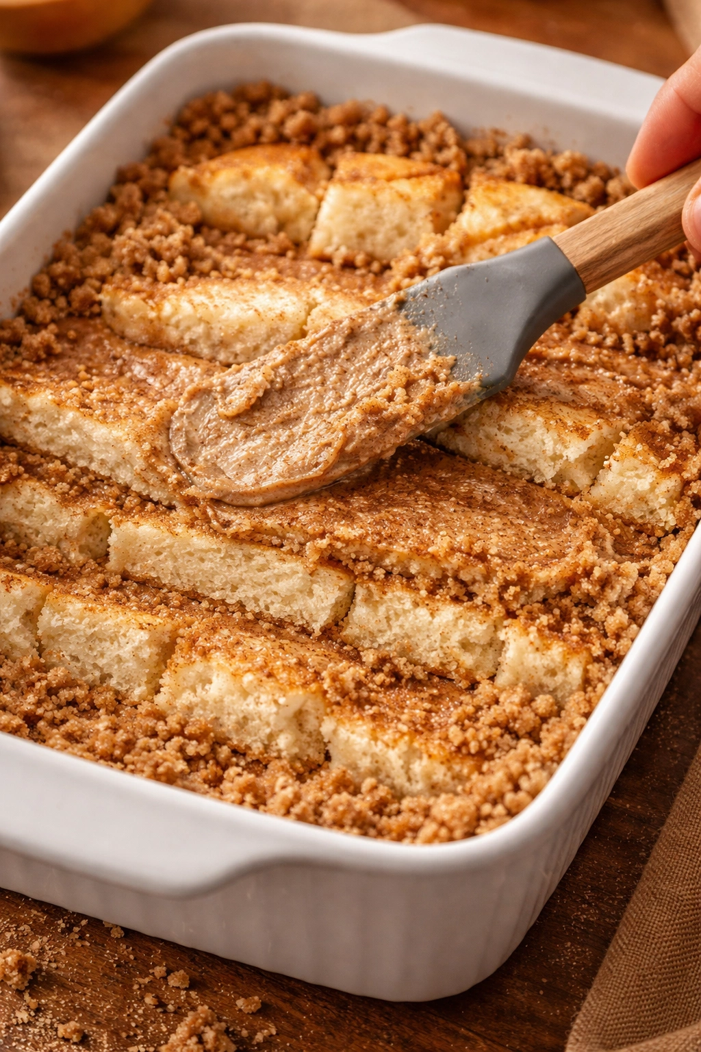 Spatula spreading cinnamon butter between bread layers