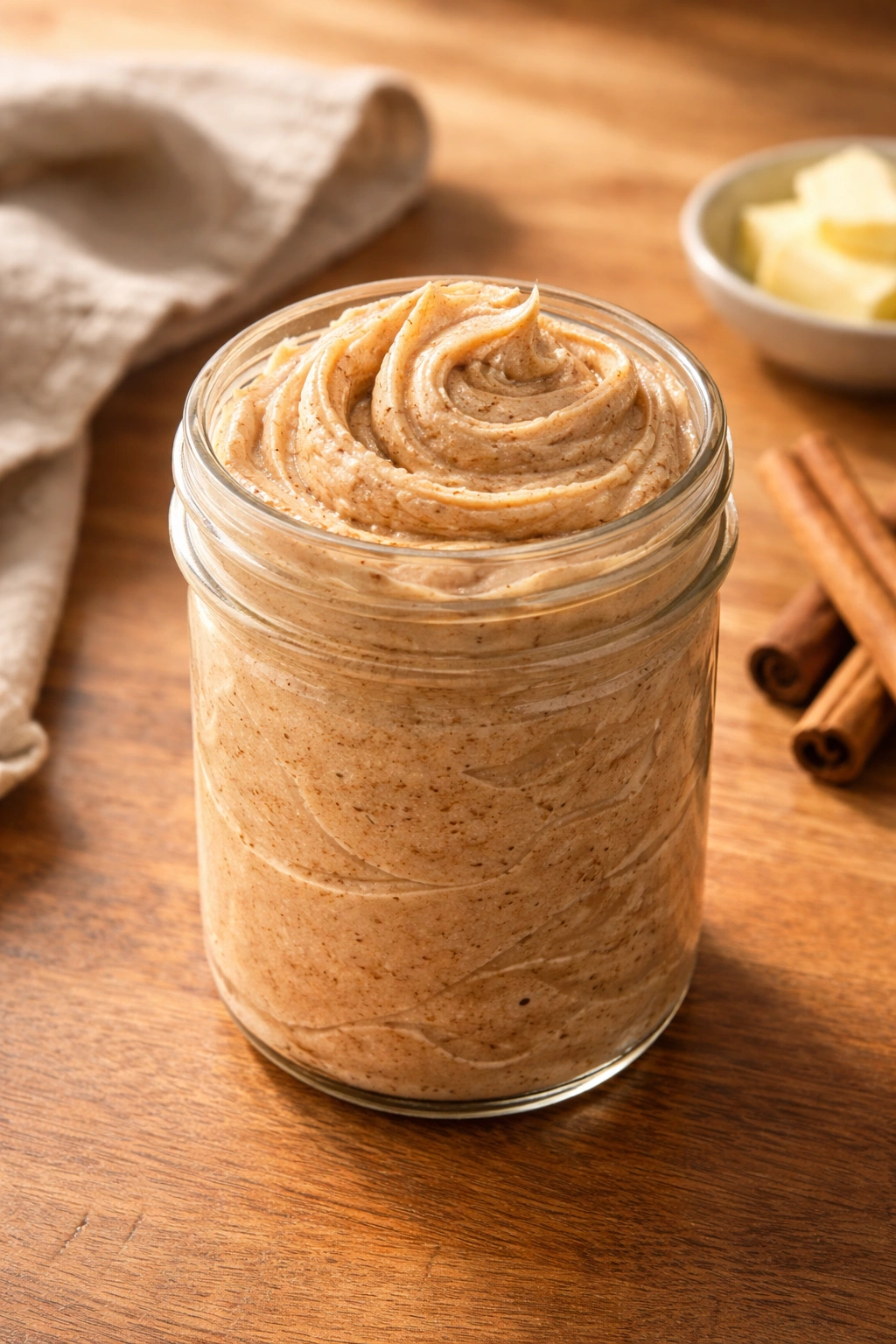 Mason jar of cinnamon butter on a wooden counter