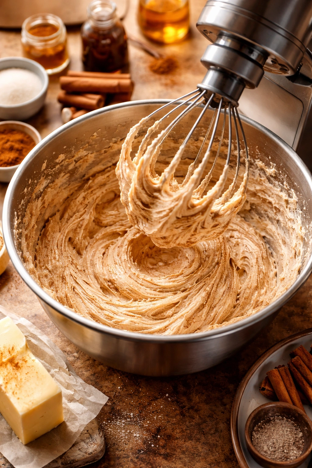 Butter being whipped in a bowl to fluffy cinnamon butter