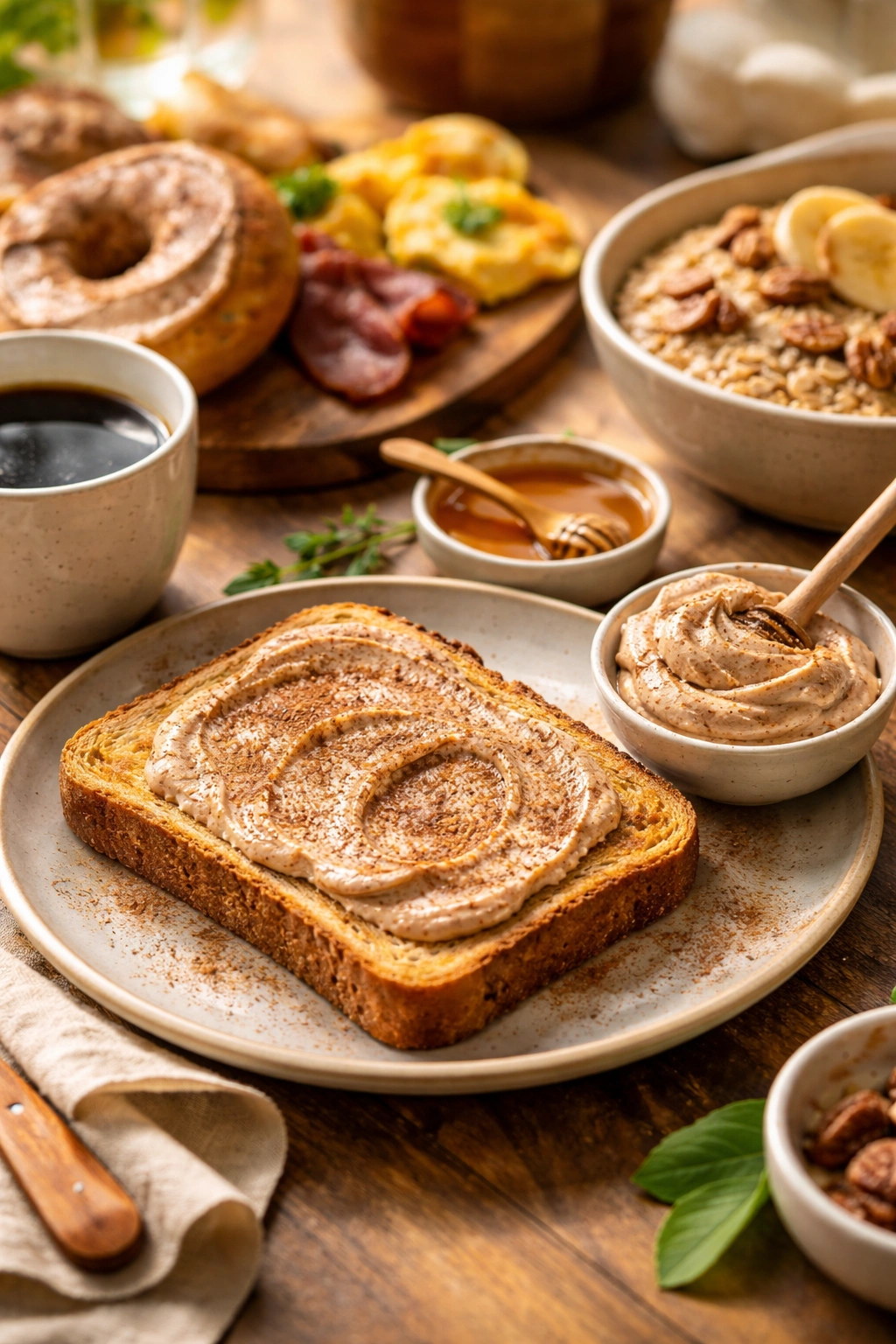Toast with cinnamon butter and honey on breakfast plate