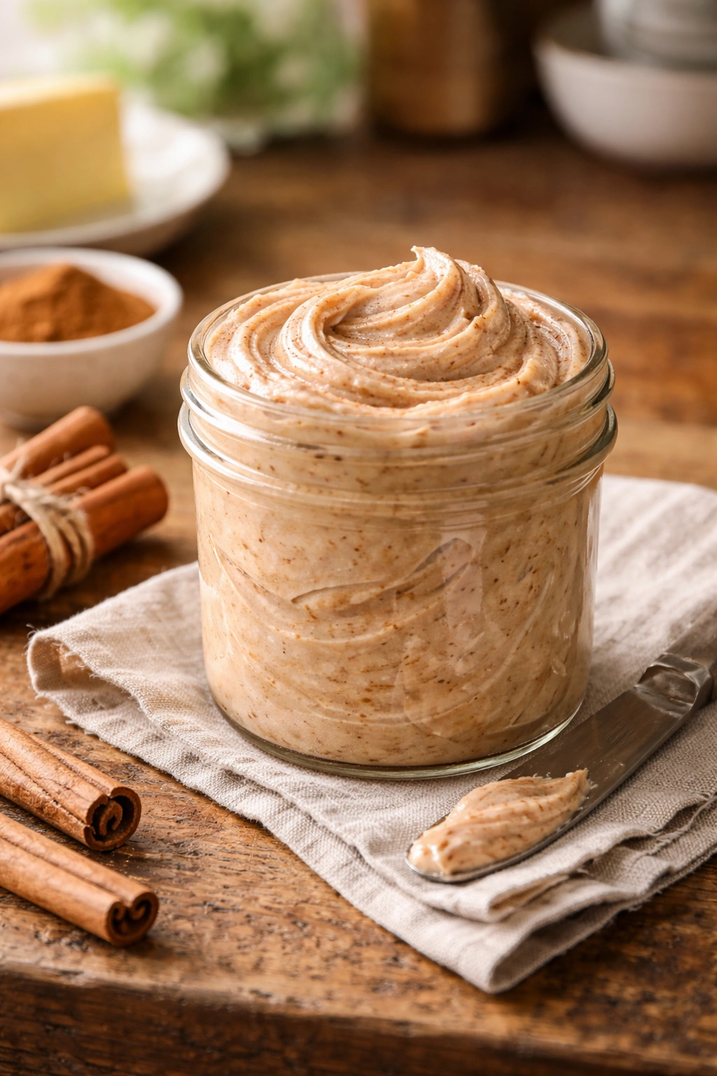 Glass jar of cinnamon butter on wooden counter