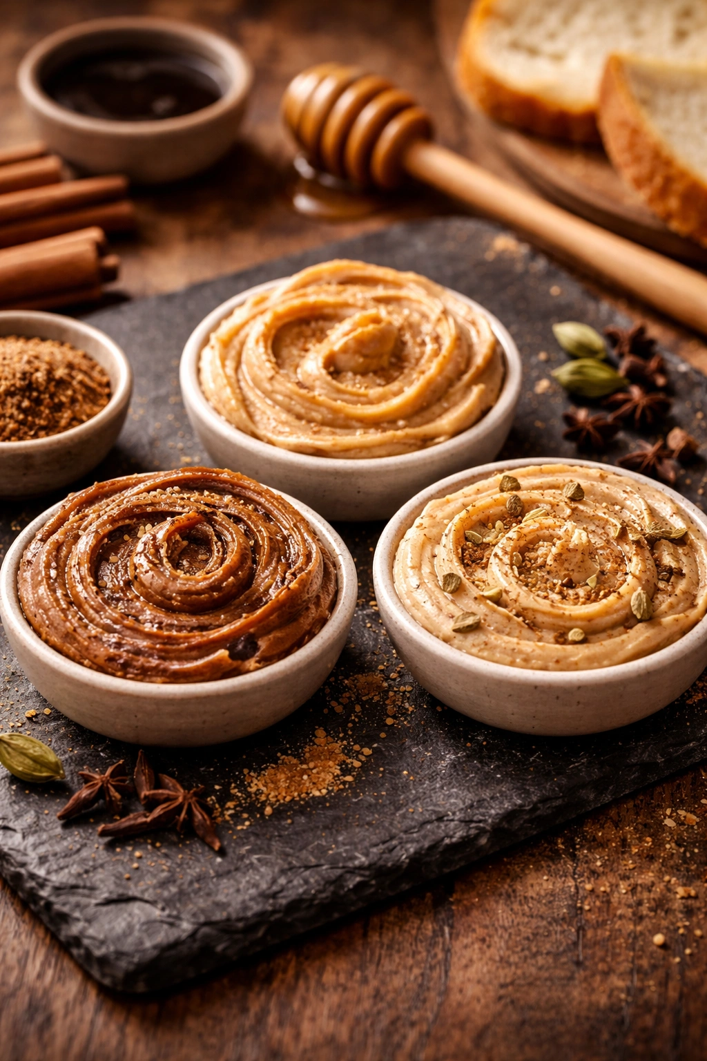 Close-up of three cinnamon butter variations on a slate board