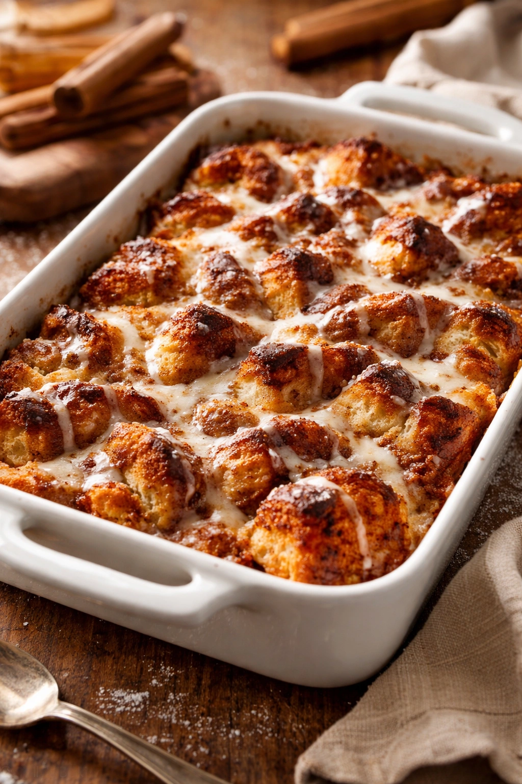 Close-up of cinnamon roll casserole with layered brioche and custard, golden edges