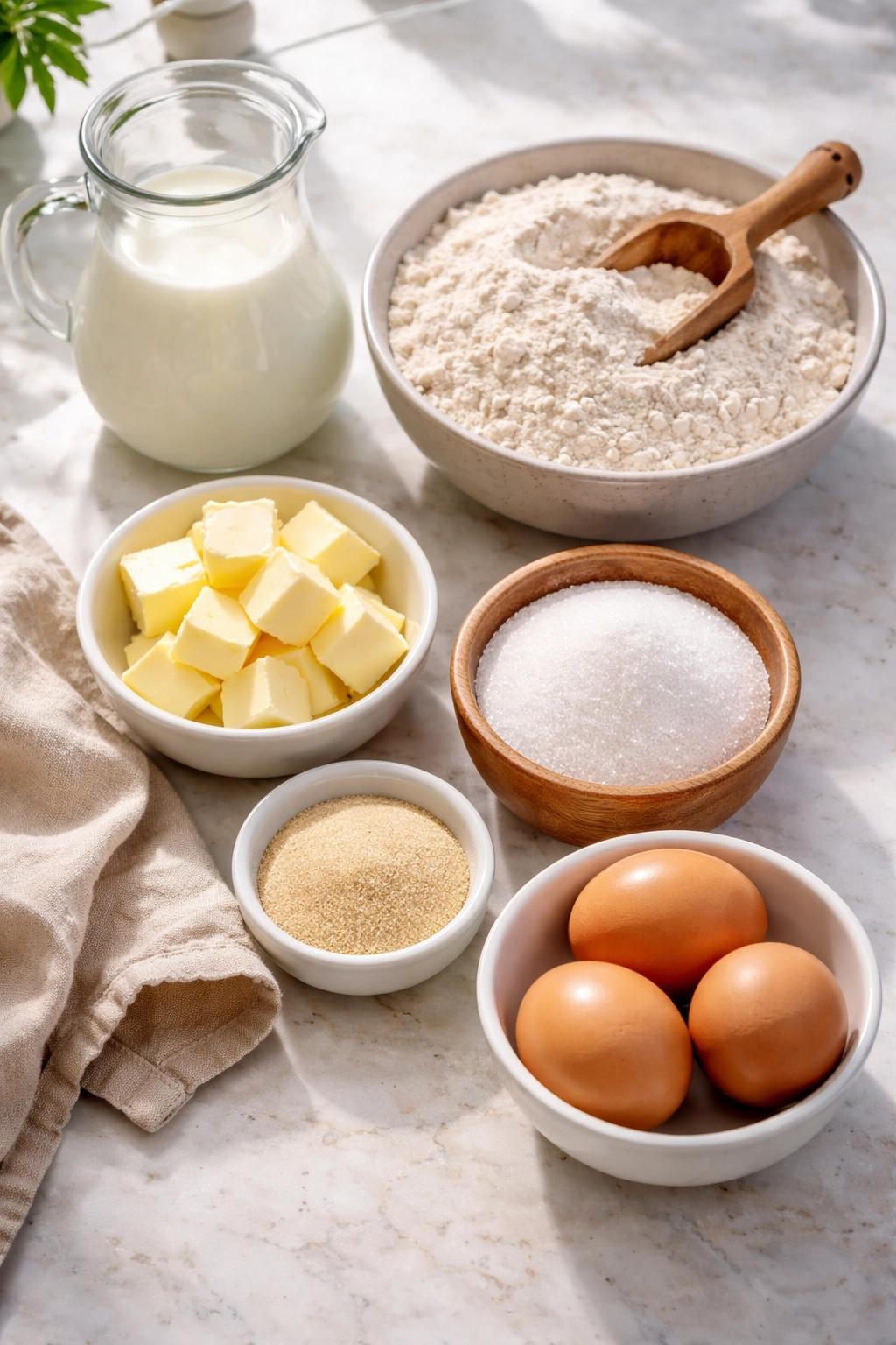 Top-down view of key cinnamon roll ingredients arranged on a marble surface