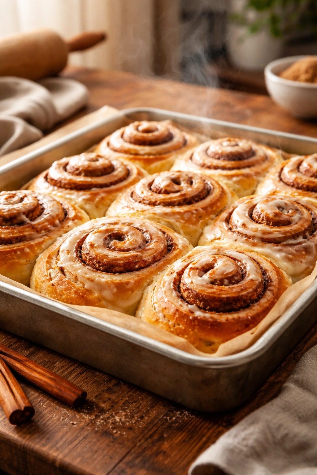 Close-up of a pan of freshly baked cinnamon rolls with golden tops and visible swirls