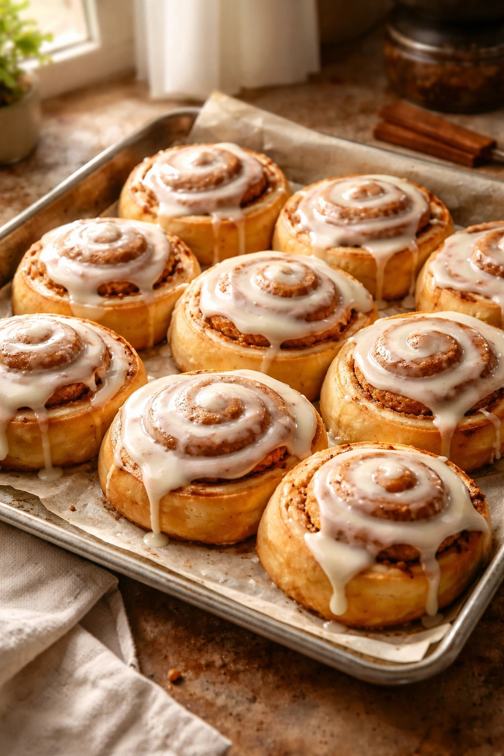 Close-up of soft cinnamon rolls with glaze on parchment in warm kitchen light