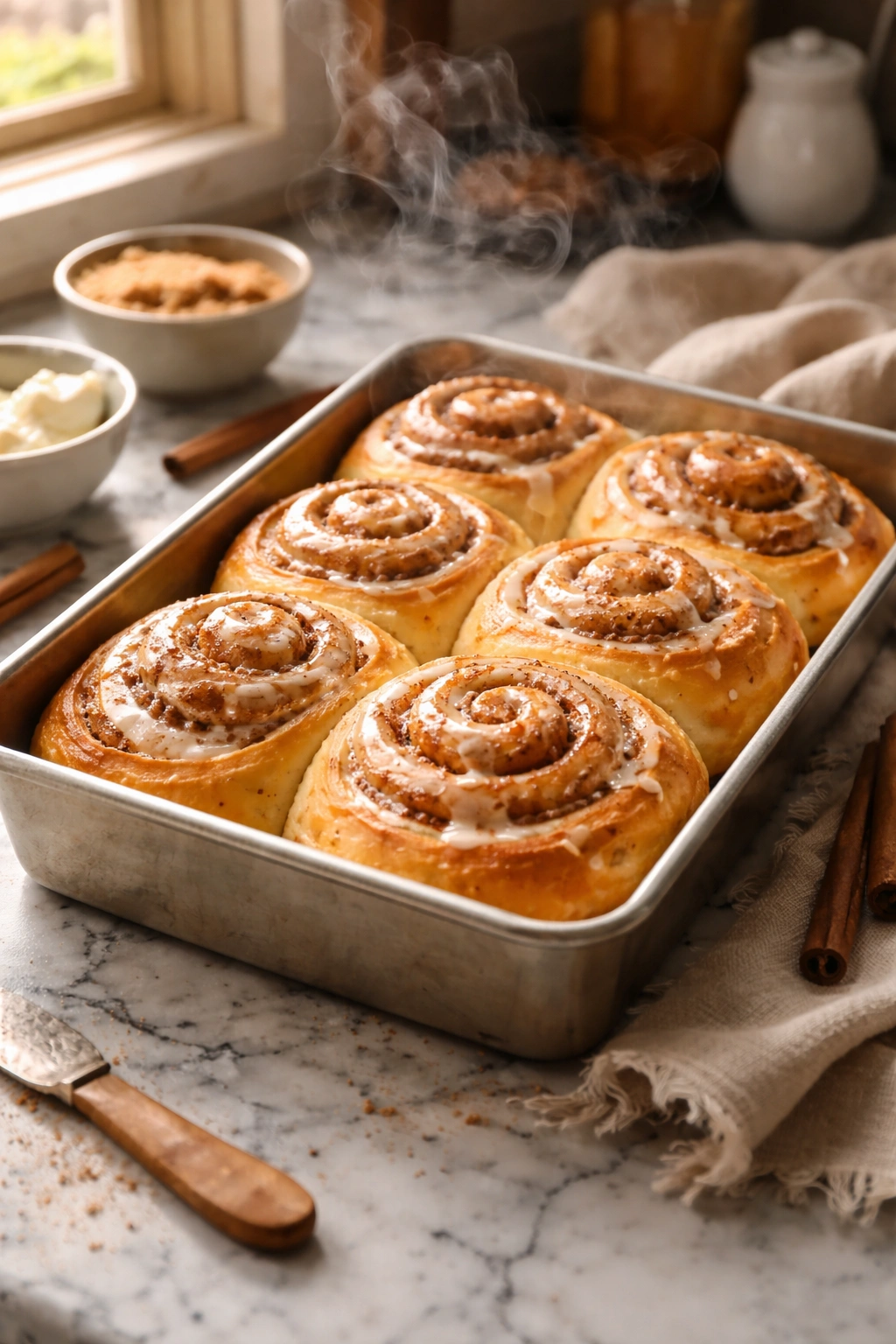 Close-up of golden, gooey cinnamon rolls in a pan