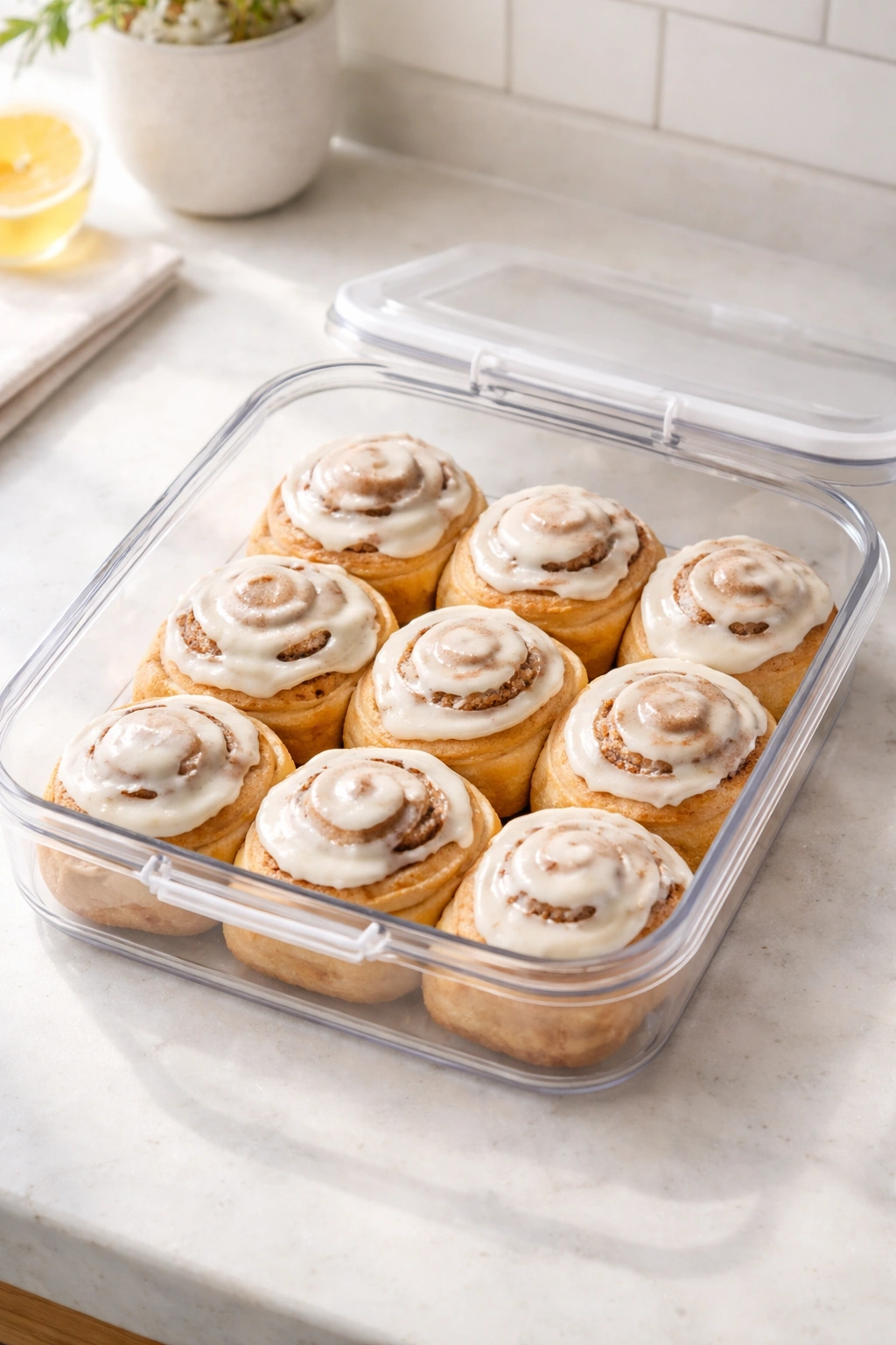 Cinnamon rolls stored in an airtight container on a counter