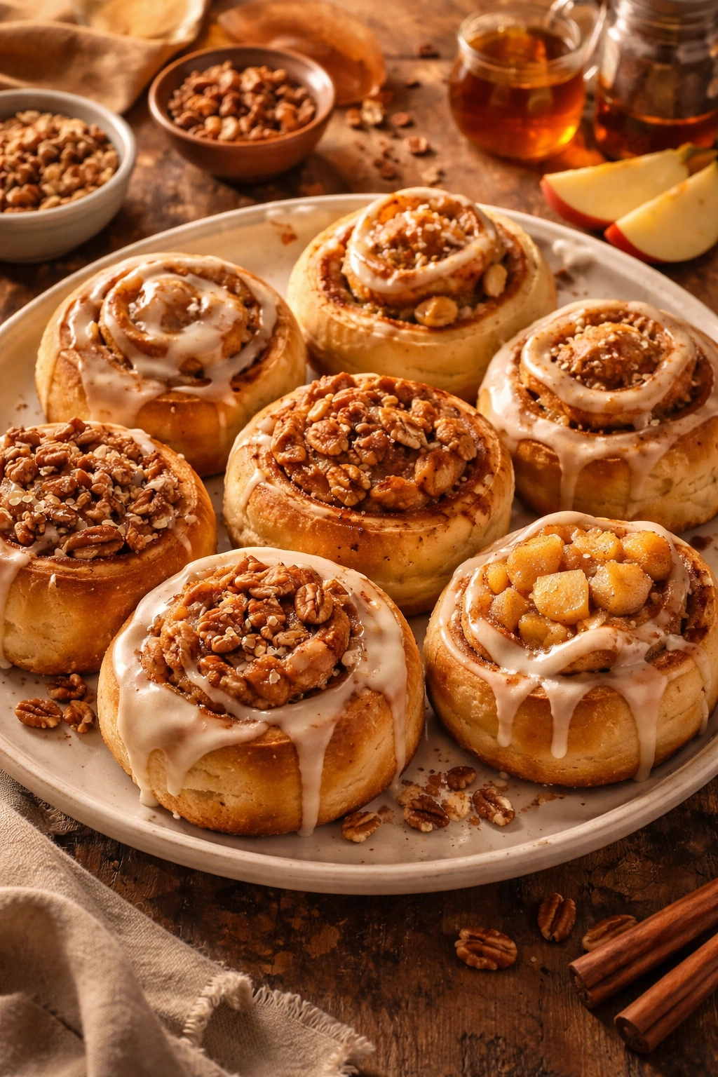 Assorted cinnamon rolls with nuts, maple glaze, and apples