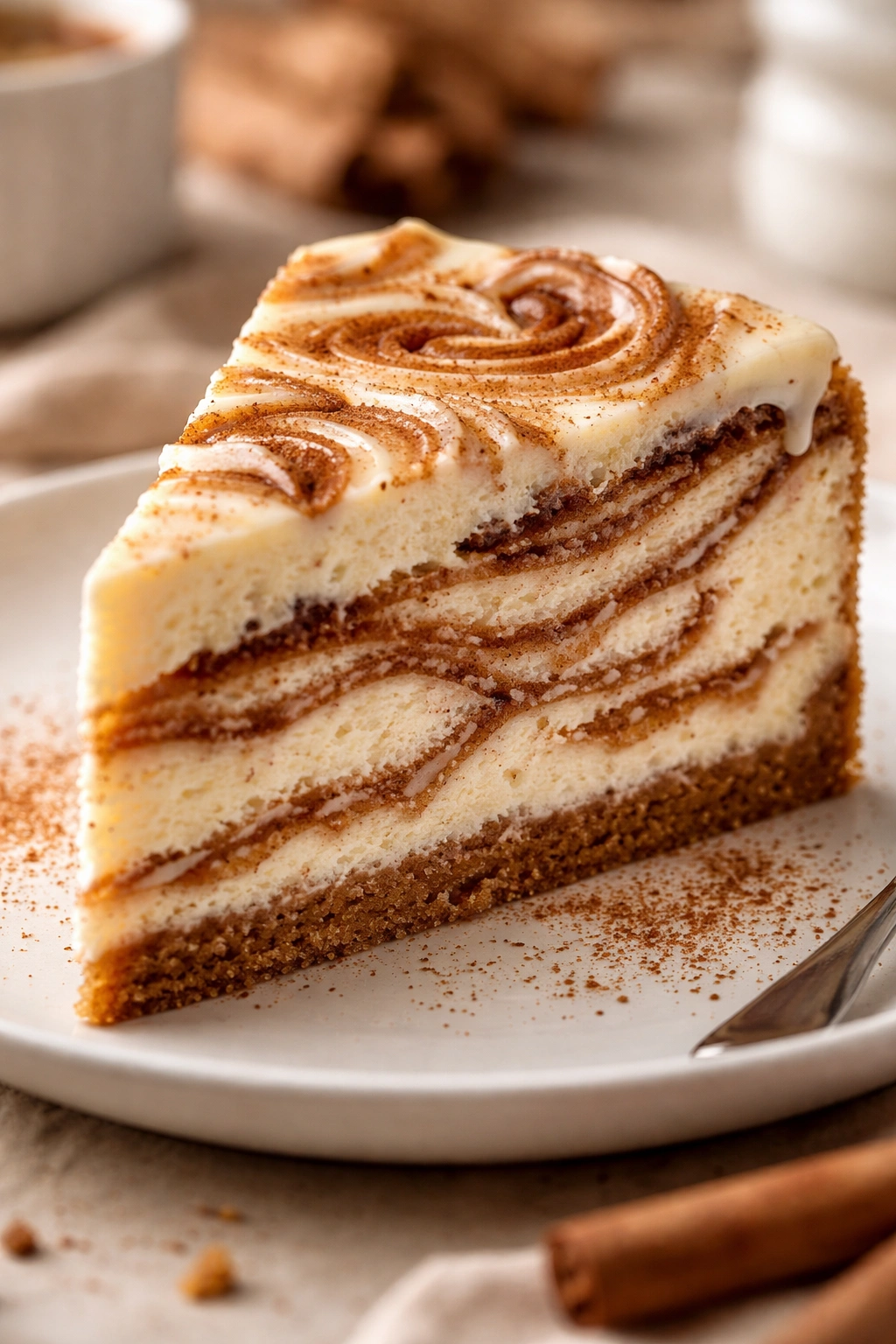 Close-up of a cheesecake cross-section with cinnamon swirl ribbons in creamy filling.