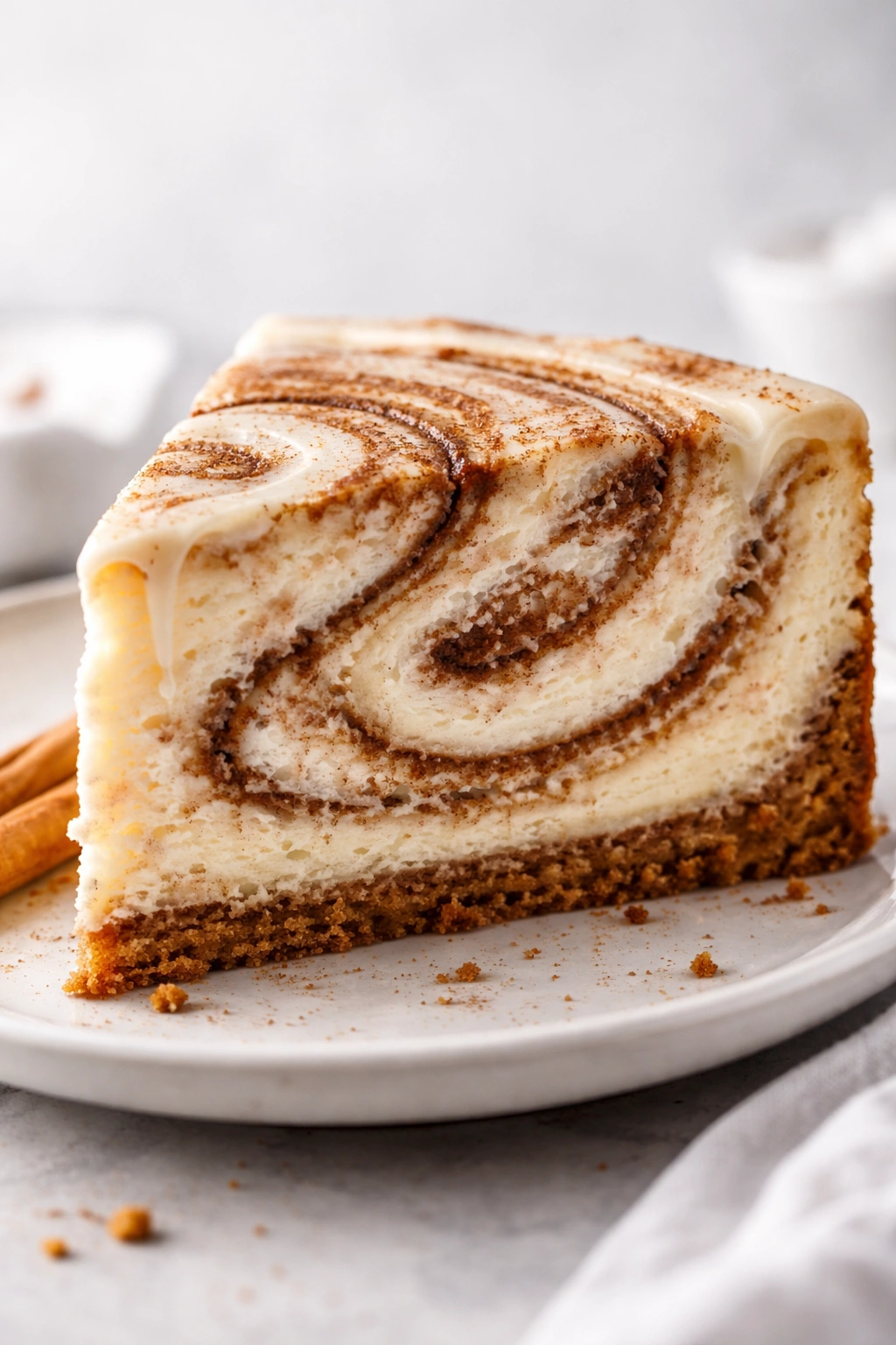 Close-up cross-section of a cinnamon swirl cheesecake slice