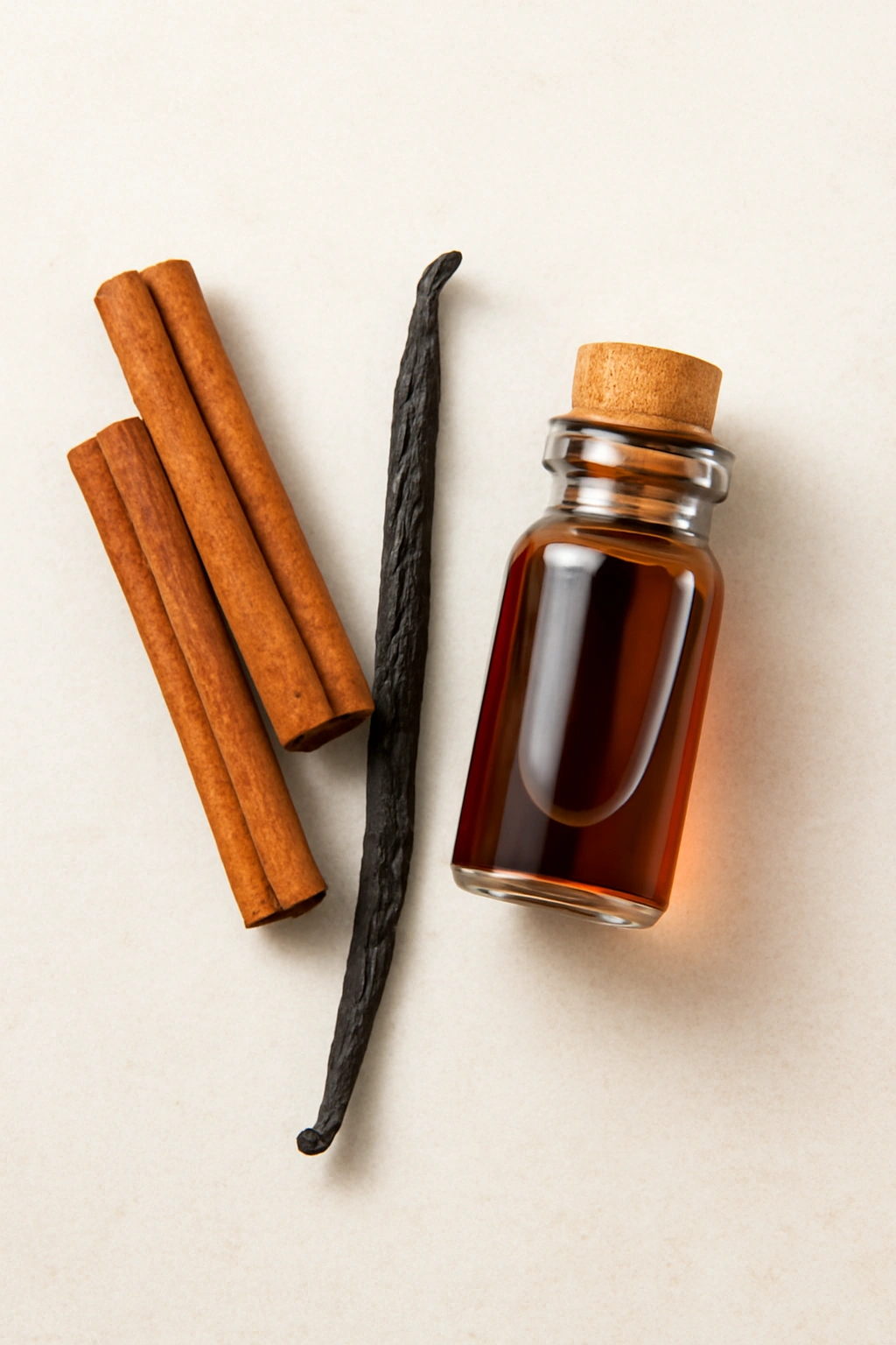 Cinnamon sticks, vanilla bean, and vanilla extract on neutral surface