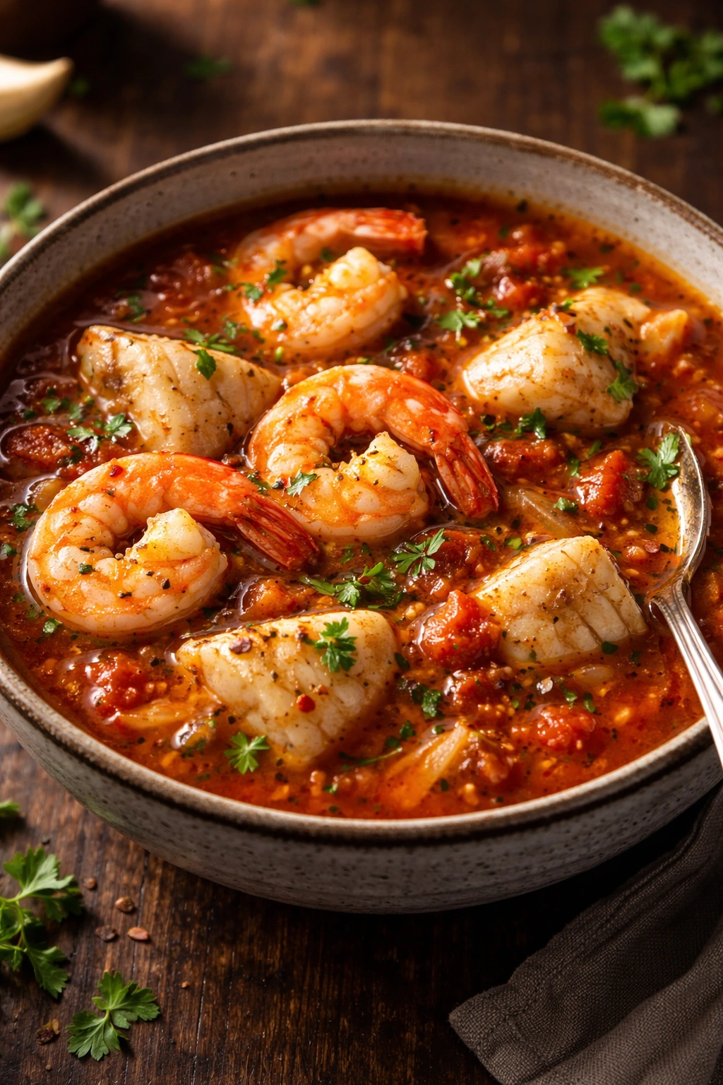 Close-up of a steaming cioppino-style shrimp and white fish broth in a rustic bowl