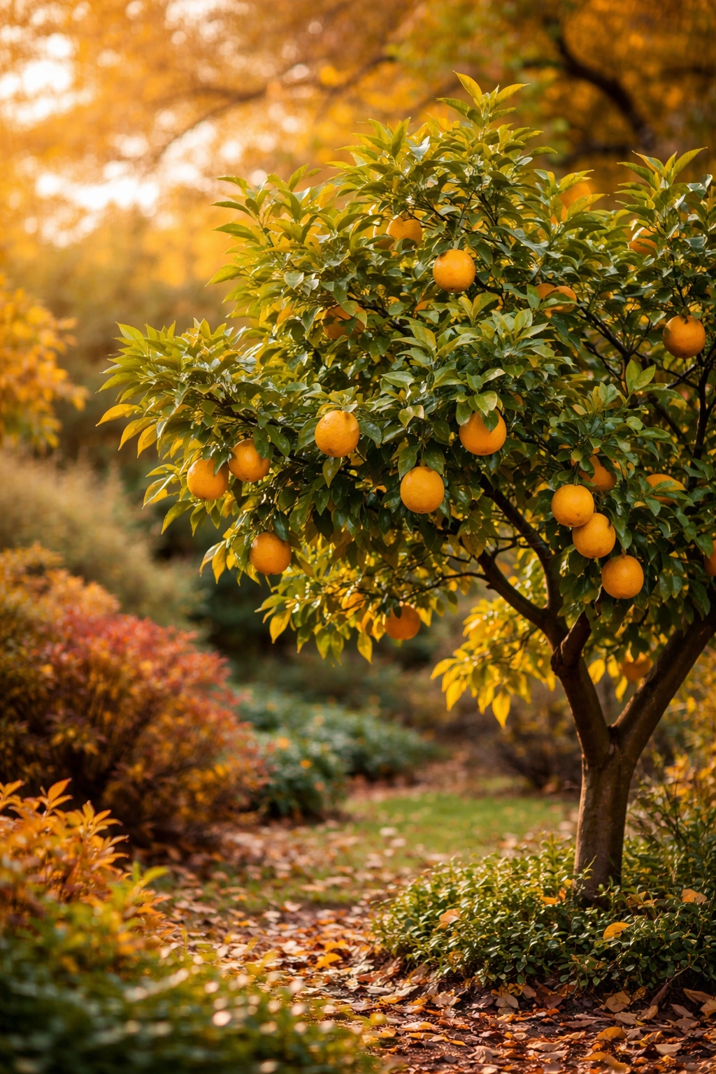 Citrus tree in autumn light illustrating fall prep for winter