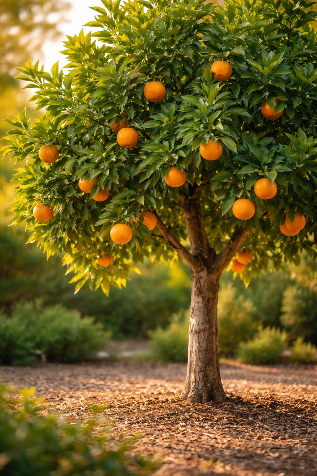 Young citrus tree bearing bright oranges in a sunny California garden