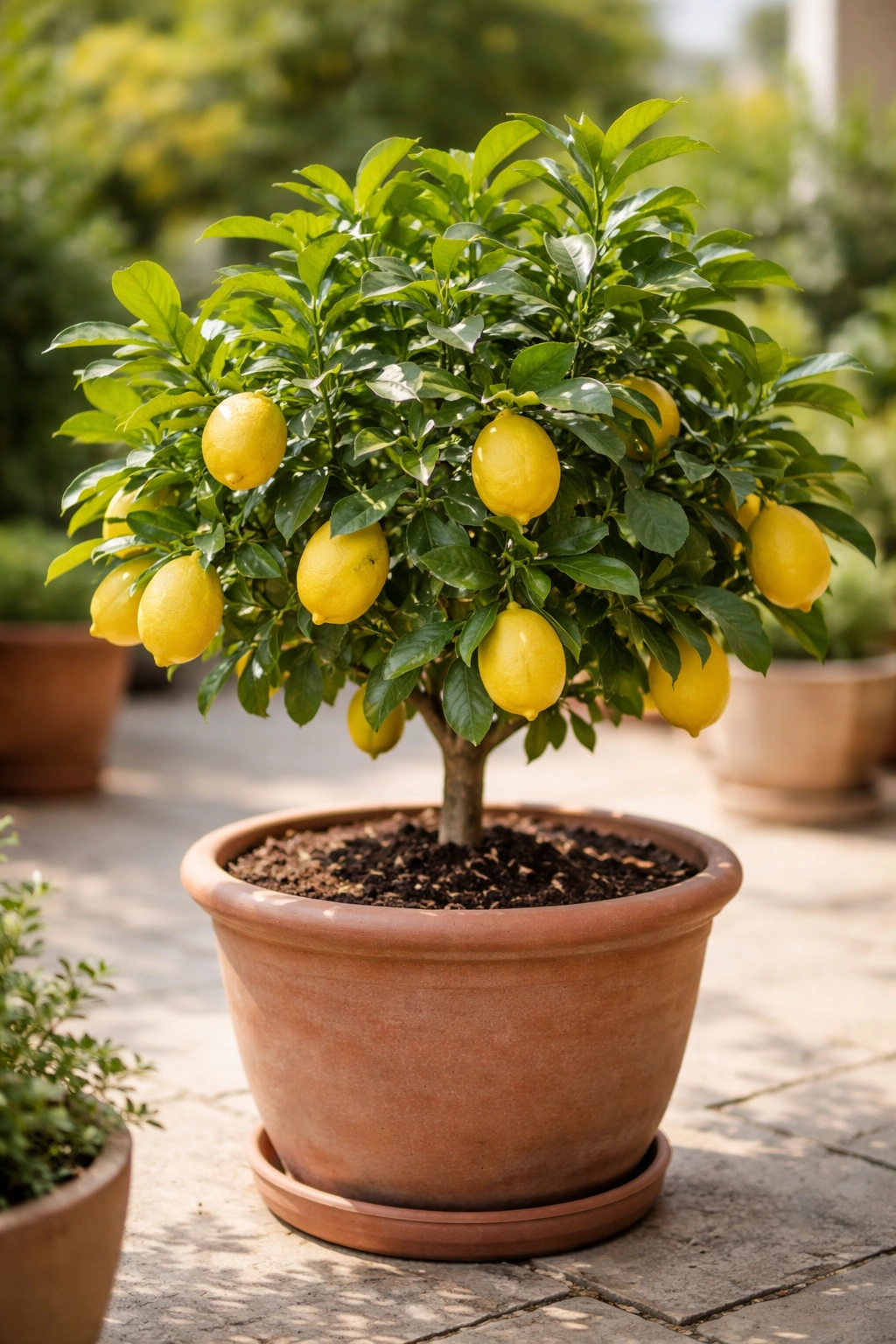 Dwarf Meyer lemon tree in a pot bearing lemons