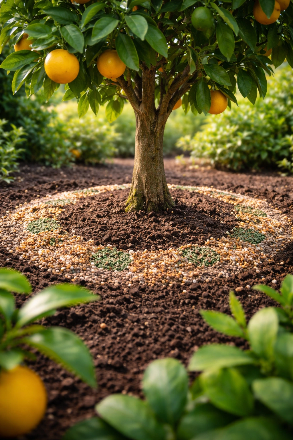 Citrus tree with fertilizer applied around the base