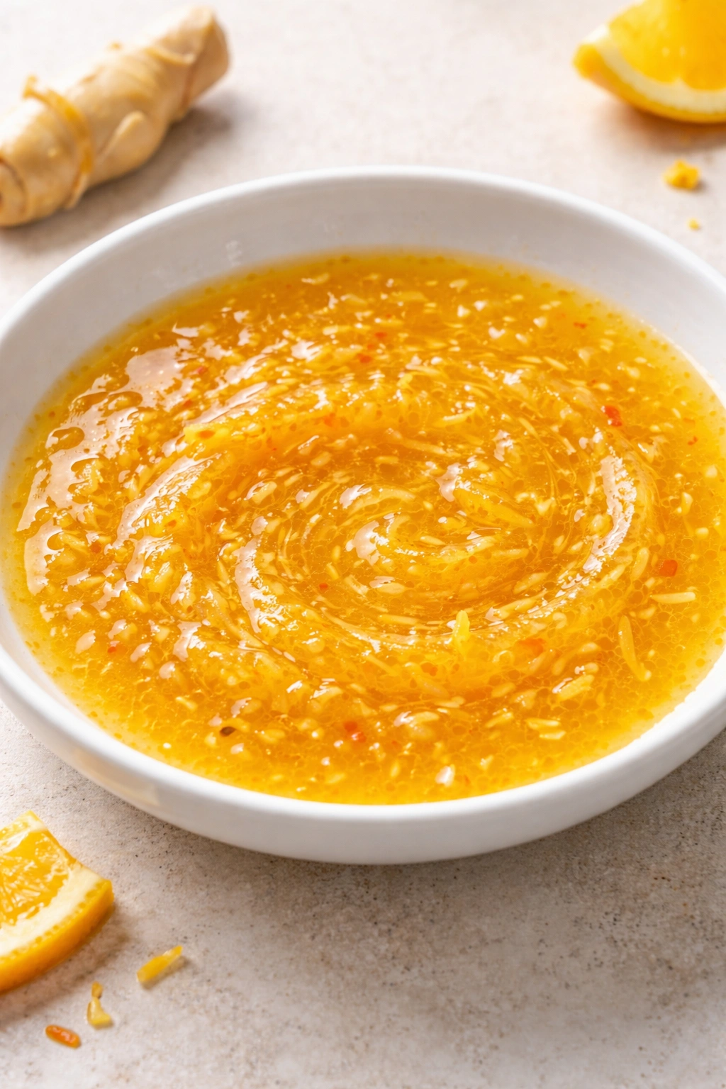 Bright citrus ginger sauce with visible ginger and zest in dish