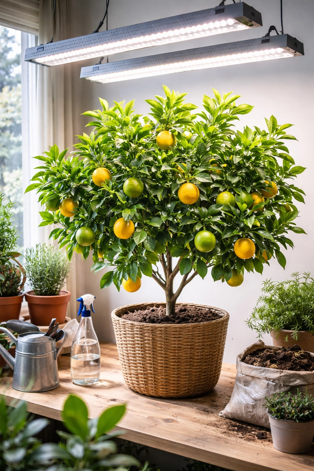 Citrus tree under indoor grow lights for winter care