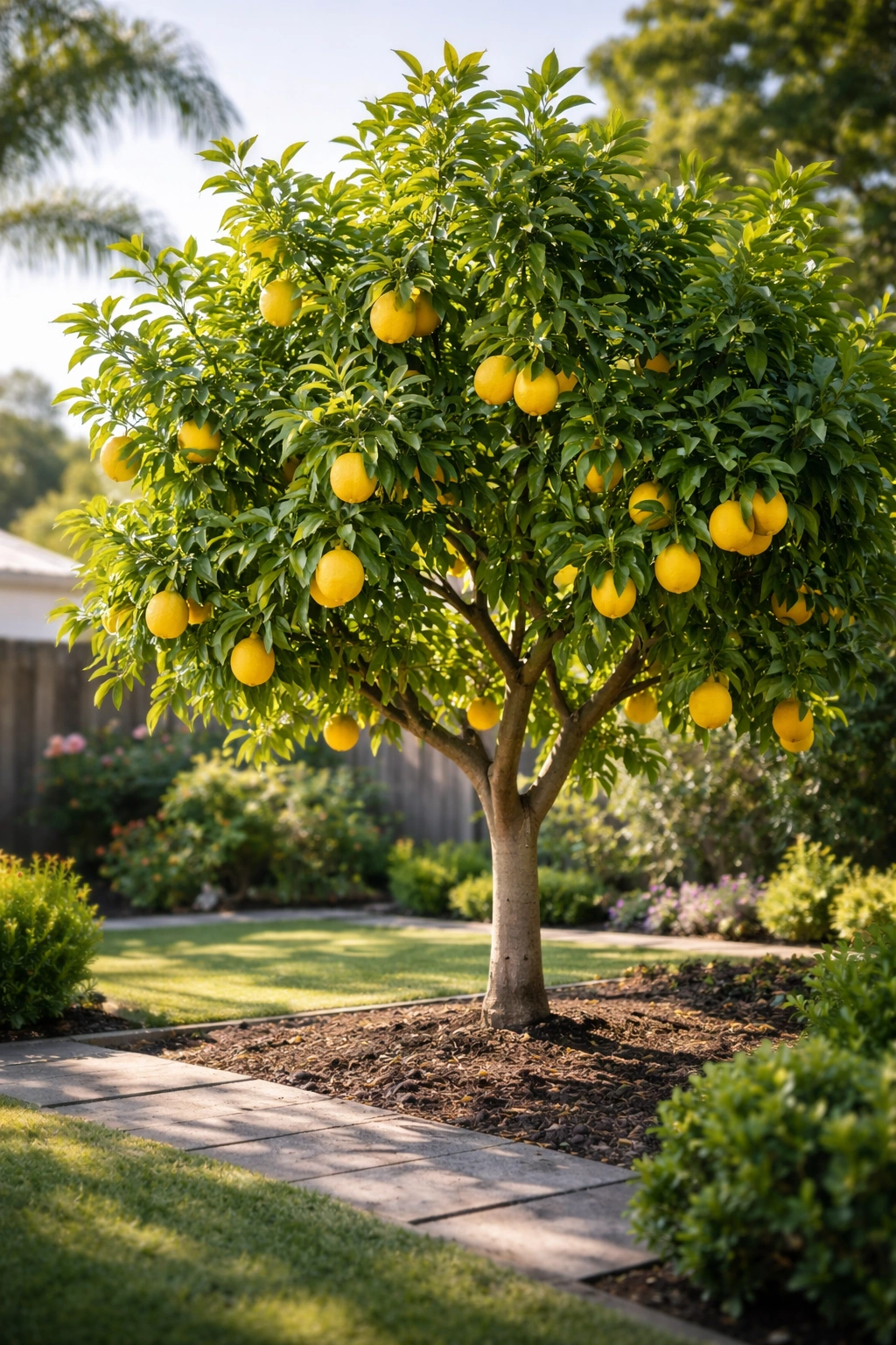 Lemon tree with ripe lemons in a sunny backyard.