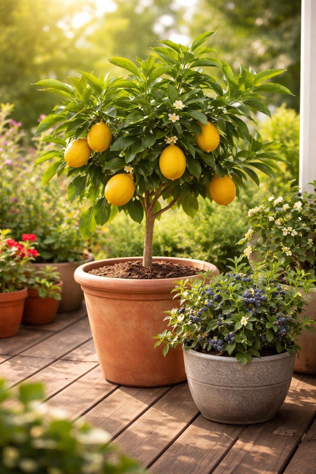 Potted citrus tree with lemons and a small berry plant on a wooden deck
