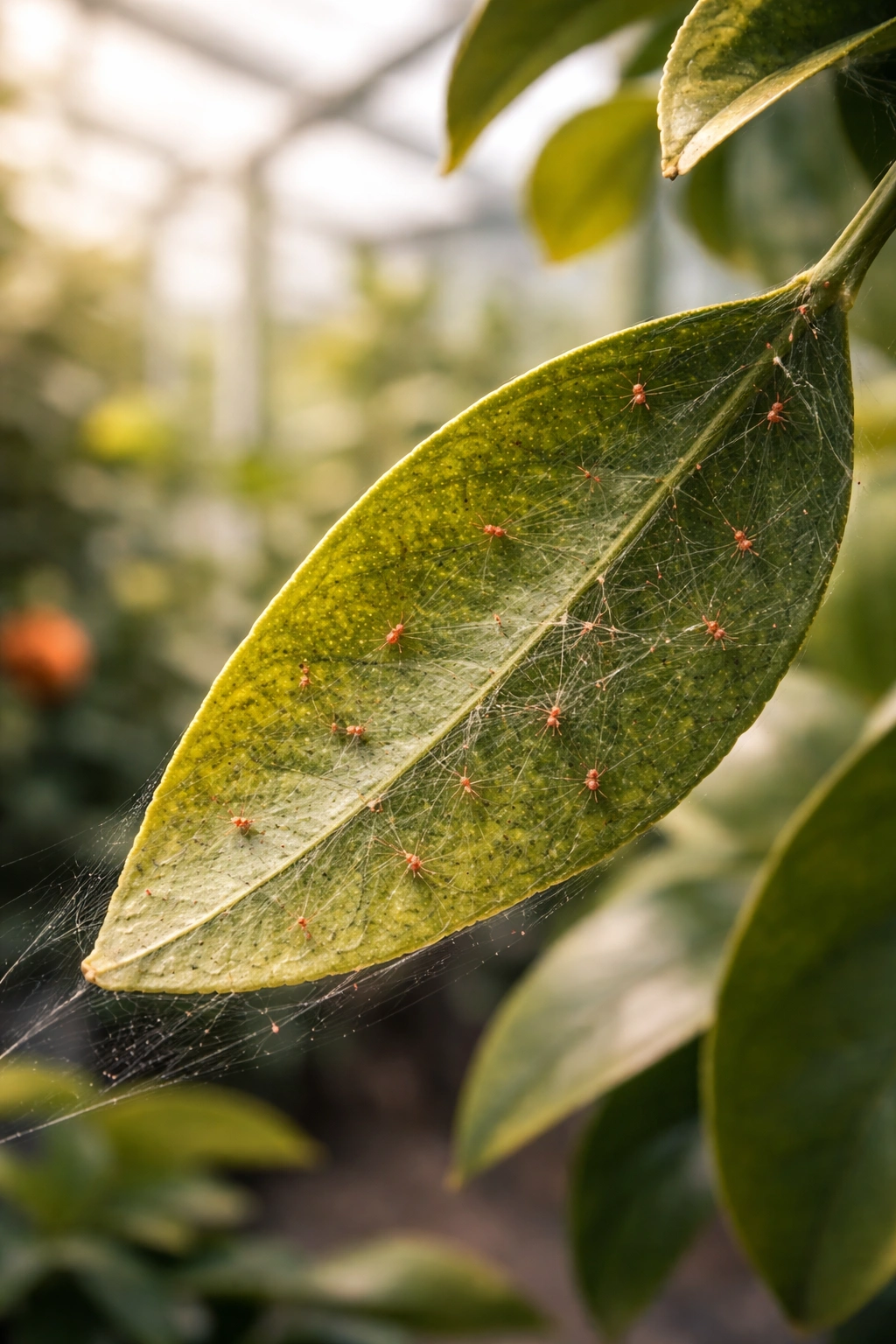 Citrus leaf with spider mites and webbing