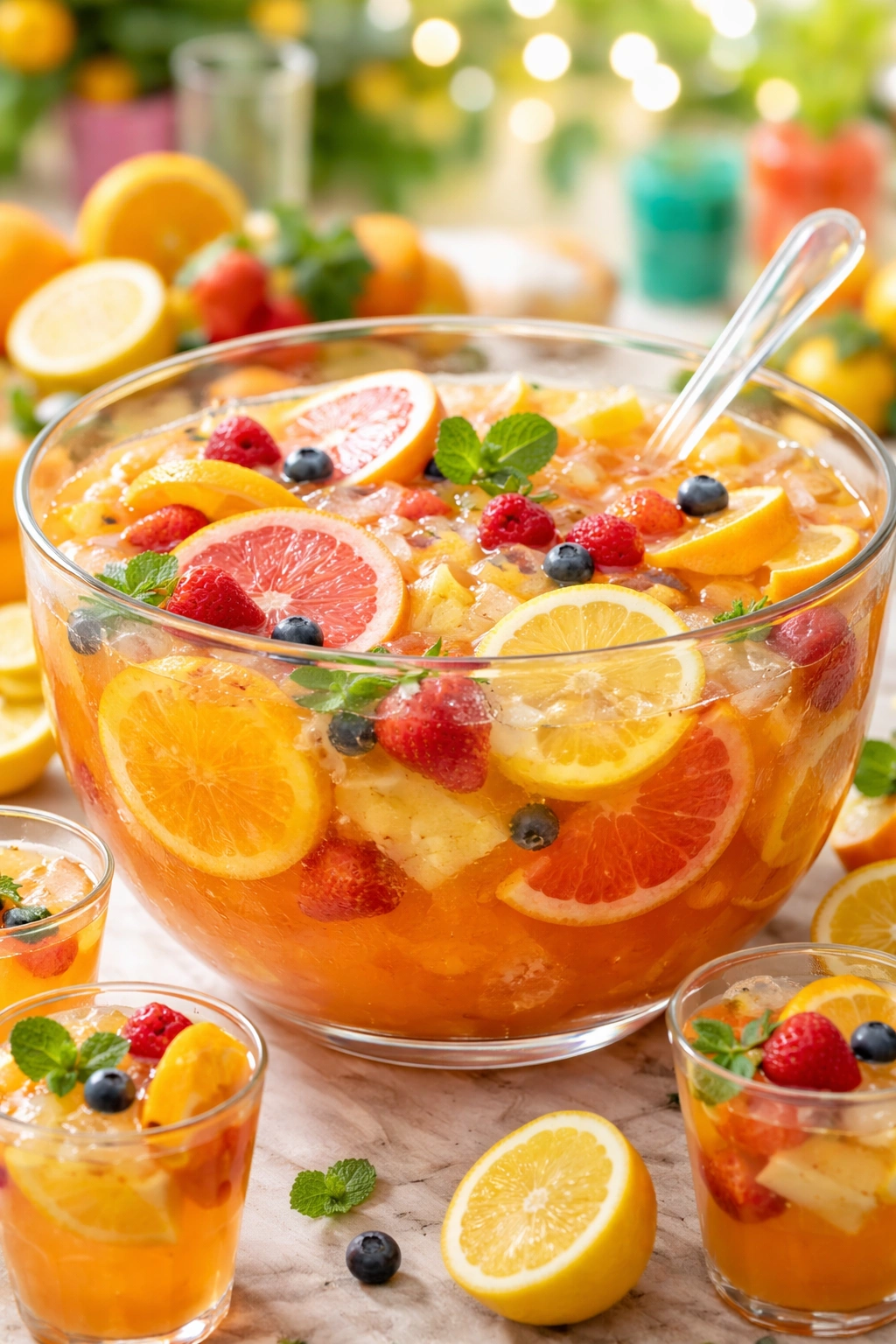 Punch bowl with citrus slices and berries in a bright party setting